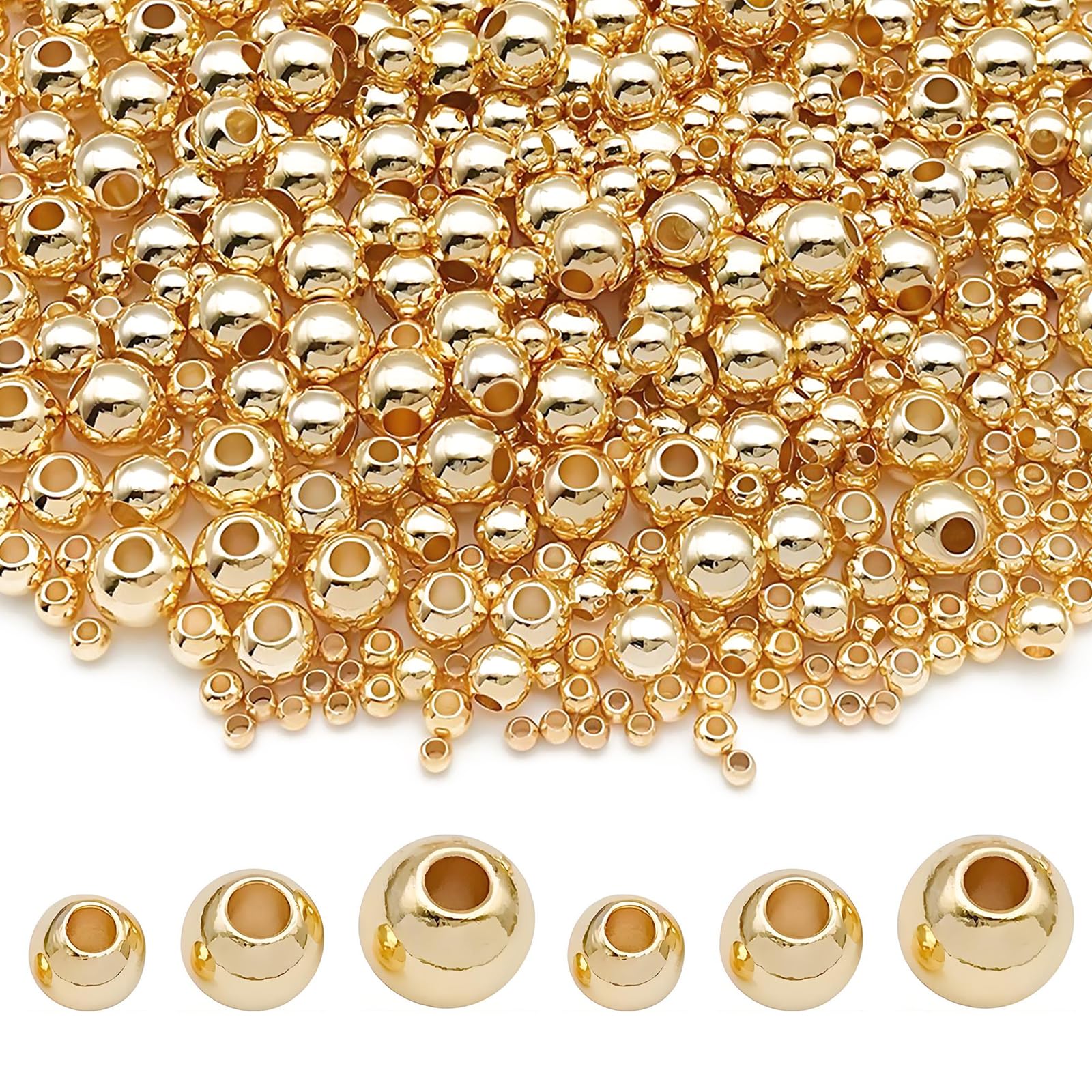 1400 Gold Beads, Spacer Beads, Round Assorted Sizes 4mm 6mm 8mm, Gold Plated Spacer Bead Kit for Bracelets, Necklaces, DIY Jewellery Making, Crafts, Golden Plastic