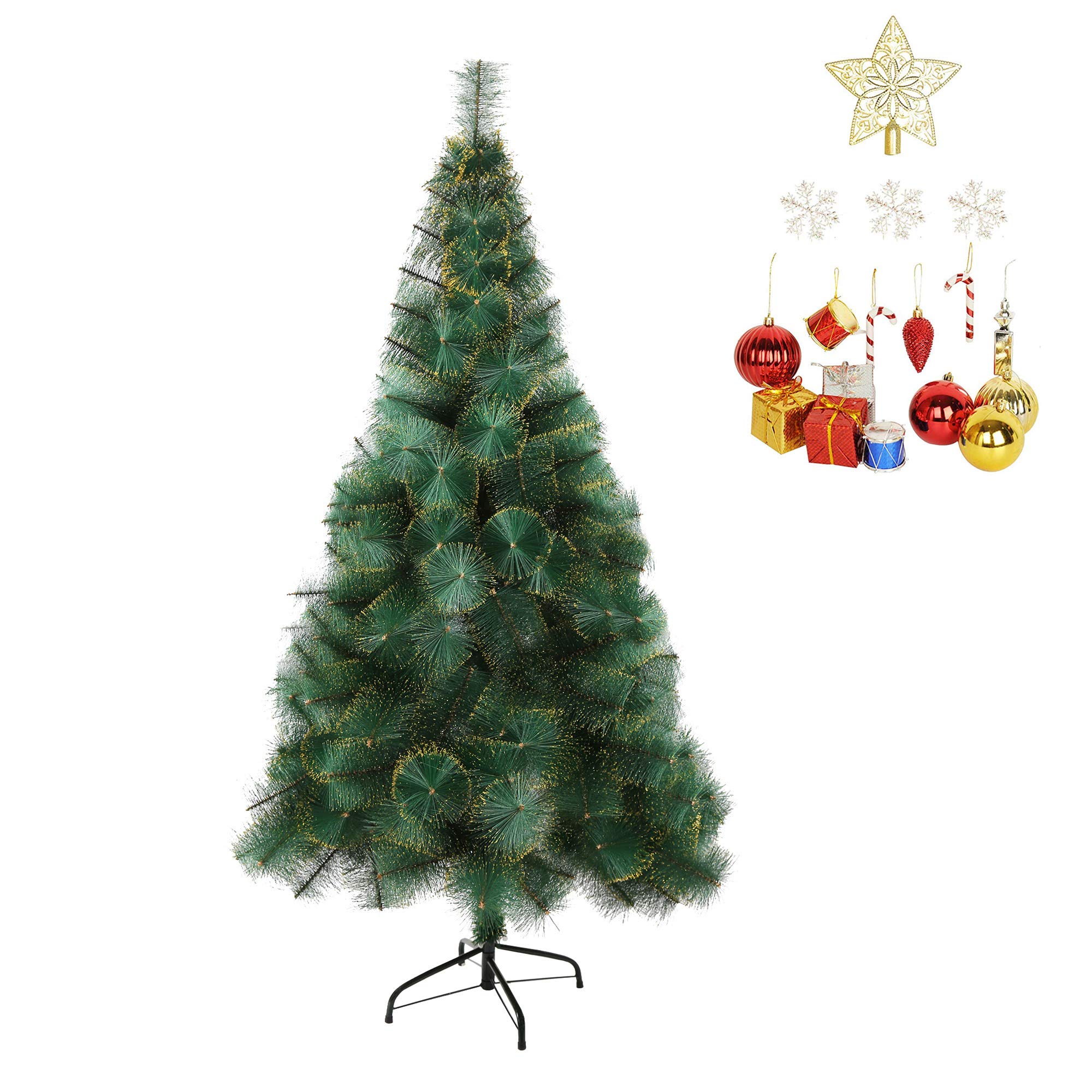LUCKYERMORE 6ft Christmas Tree with 212 Gold Flocked Tips, Small Flock Xmas Tree with Christmas Tree Topper and Decorations