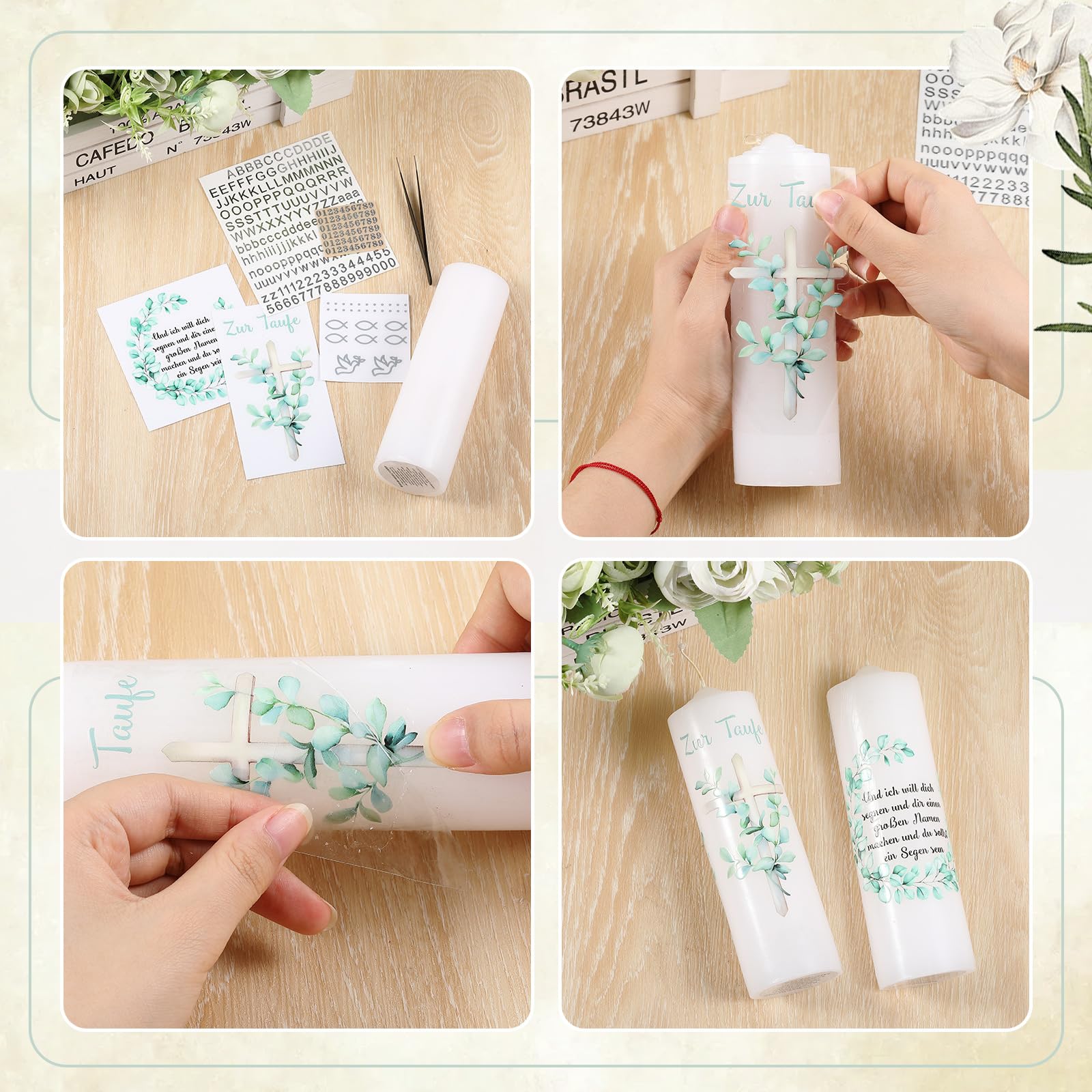 Taufkerze Taufgeschenk Kommunionkerze Set für Mädchen Jungen Taufe Kommunion Geschenk Stumpenkerze und Aufkleber für Taufe Erstkommunion(Eucalipto)