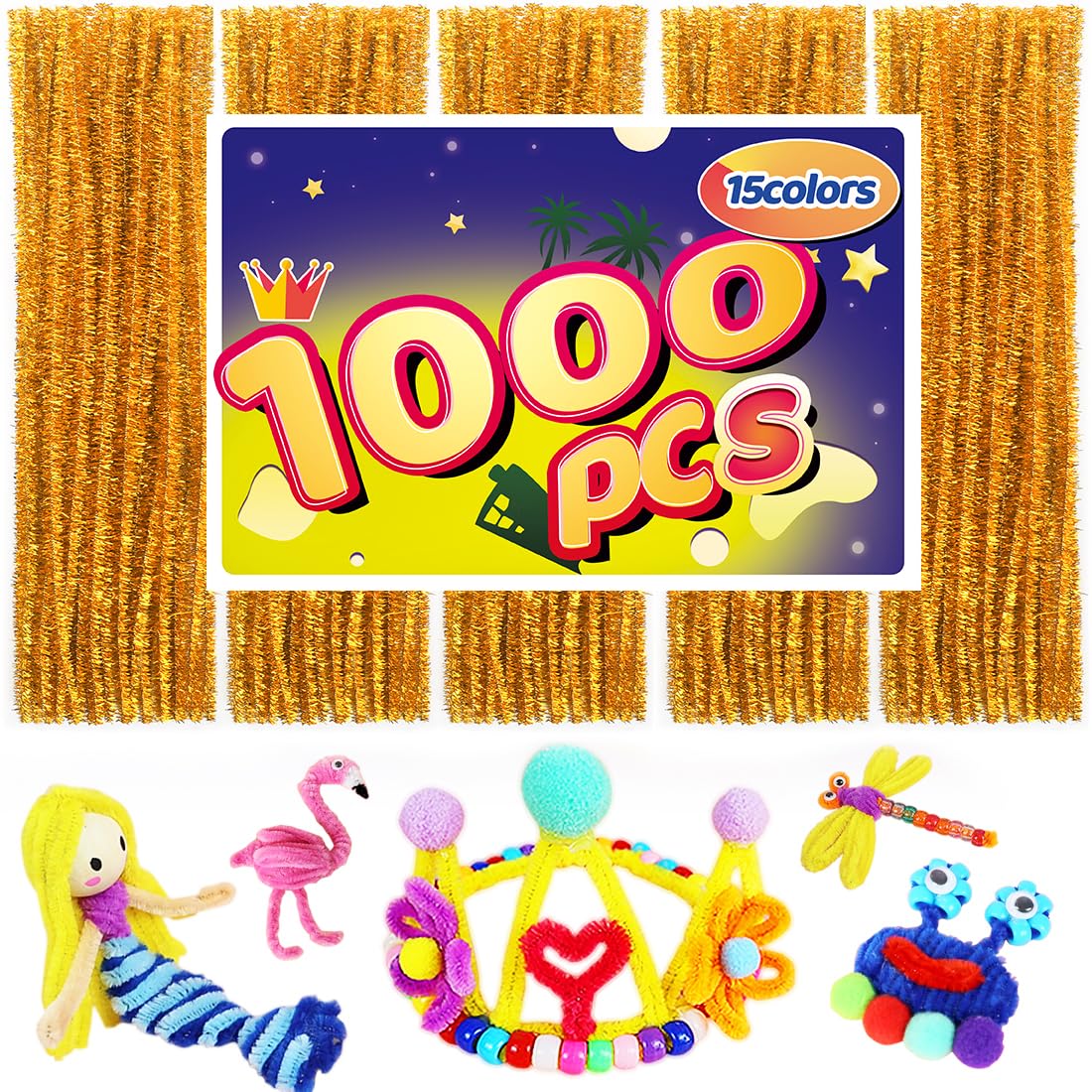 Golden Glitter Pipe Cleaners - Arts and Crafts Supplies (1000 Pack)