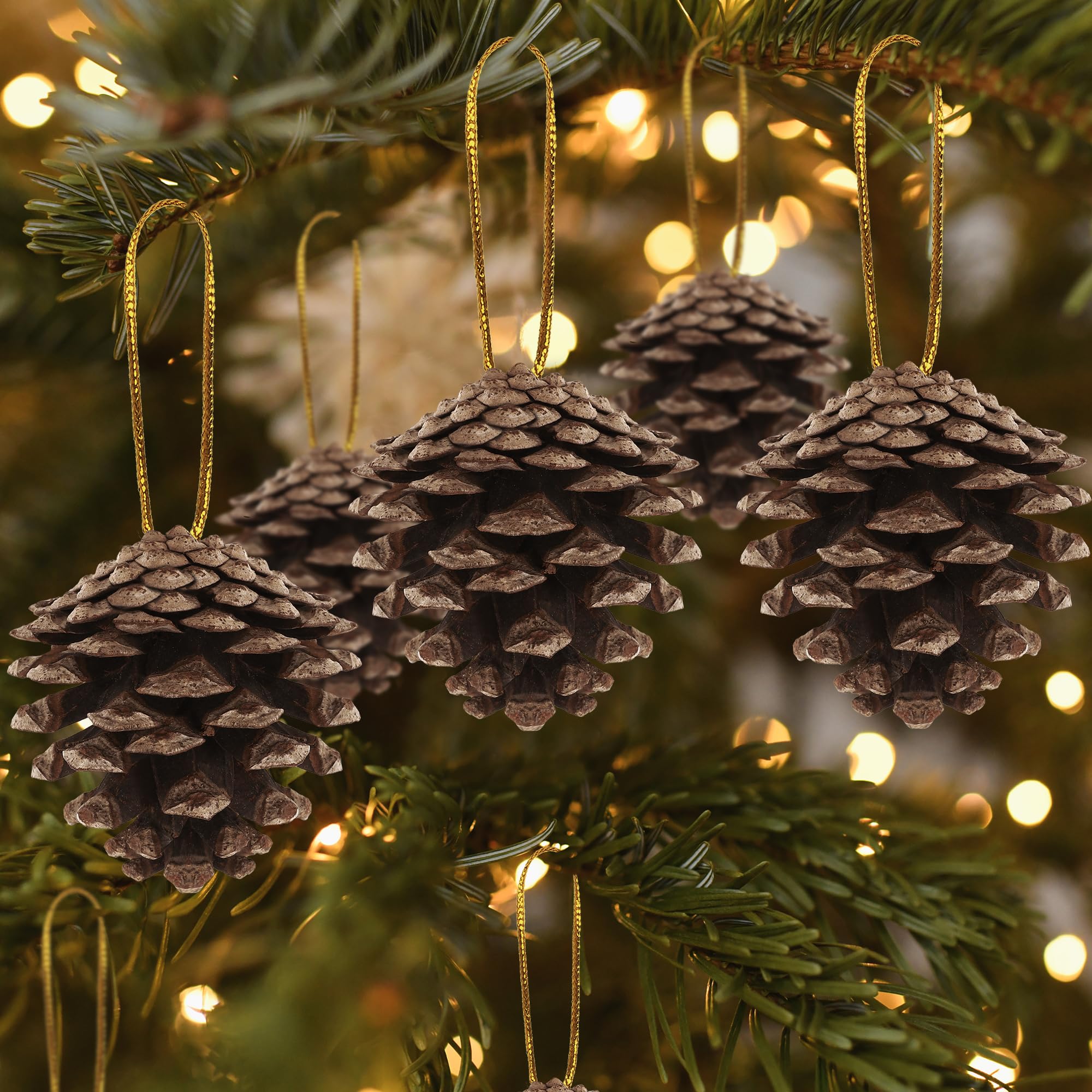 Helimoto Confezione da 50 pigne naturali, 5,5 cm, pigne naturali per artigianato, pigne rustiche con corda dorata, per decorazioni invernali fai da te, albero di Natale, decorazioni da tavola