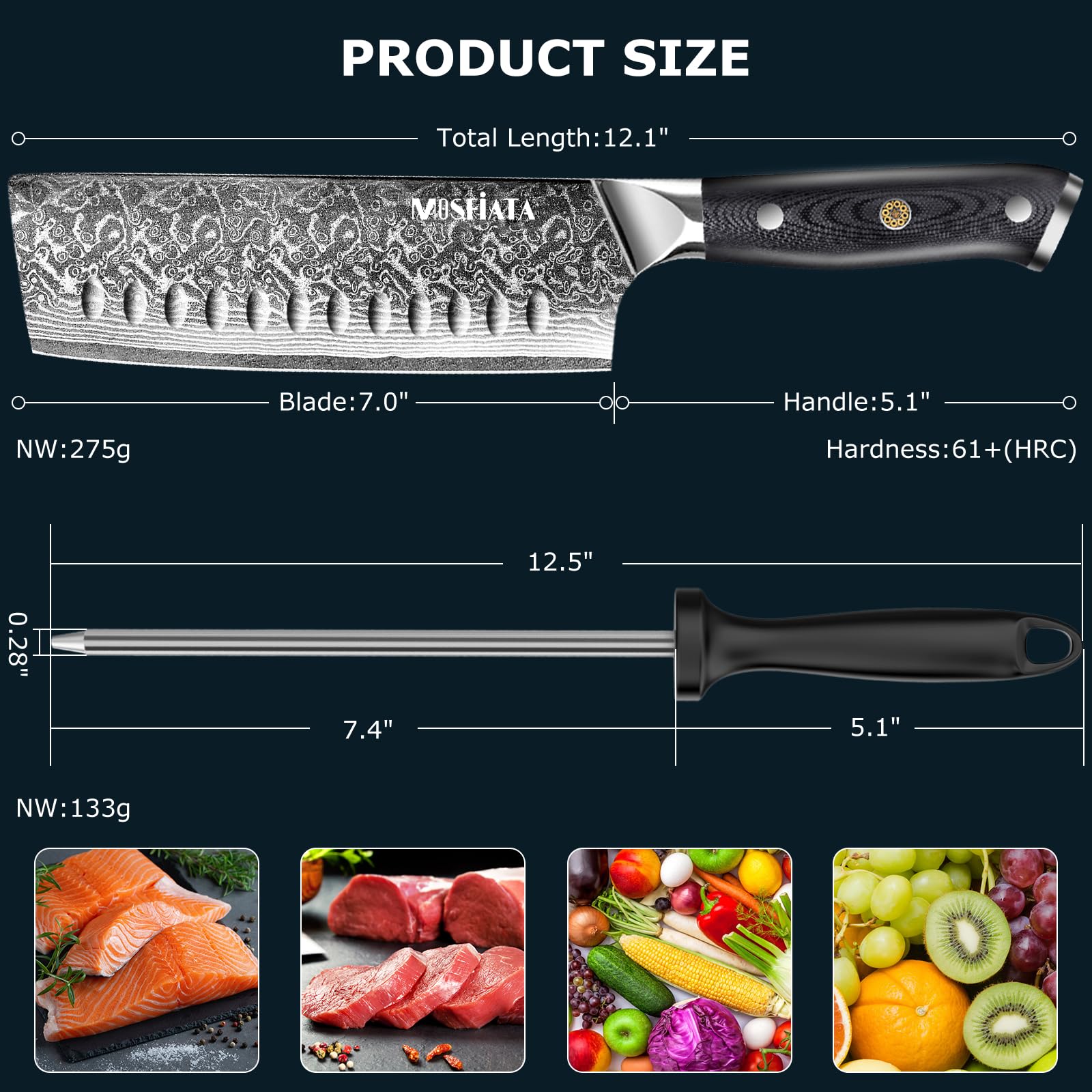 MOSFiATA Damastmesser Nakiri Messer 18 cm, Vatertagsgeschenk für Papa, Kochmesser Damast Küchenmesser Damaststahl Japanisches Messer Scharf Profi Fleischmesser mit Wetzstahl