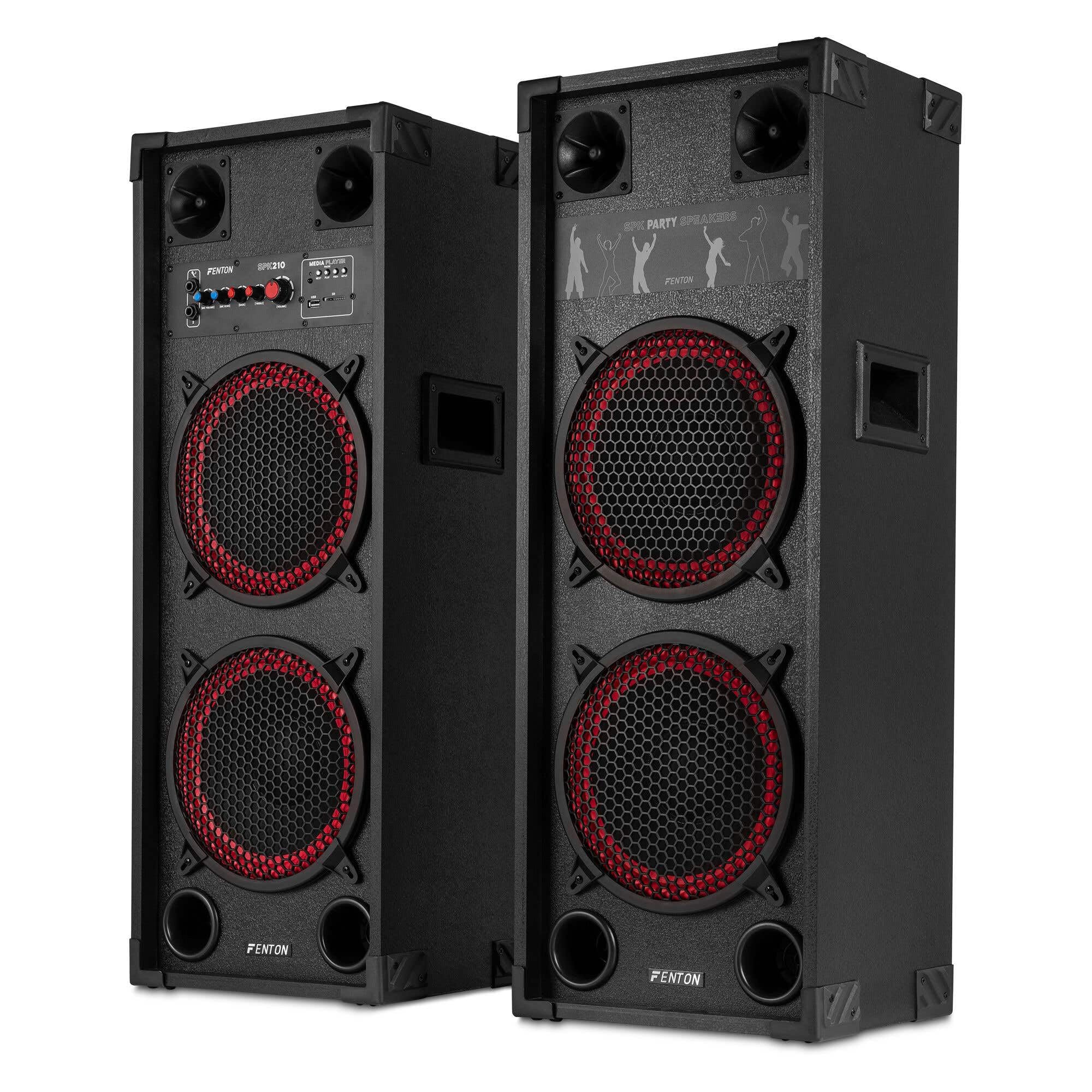 Fenton SPK210 – Altoparlanti attivi PA doppio woofer da 10 pollici Bluetooth MP3 USB SD due ingressi micro eco regolabile suono potente per feste karaoke altoparlanti portatili con amplificatore