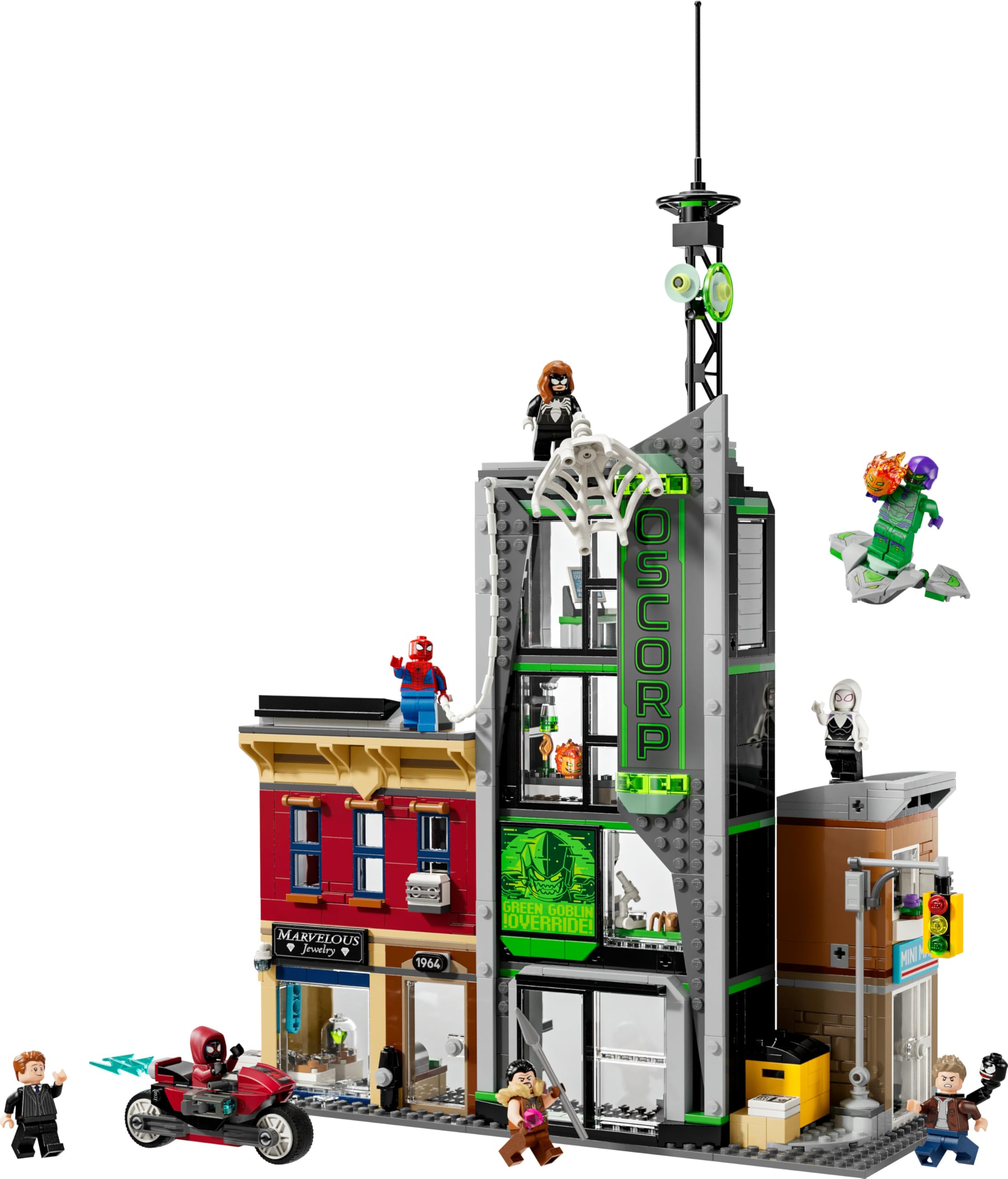 LEGO ǀ Marvel Spider-Man vs. Oscorp - Juguete Interactivo con Moto, 8 Minifiguras Inc. Miles Morales, Duende Verde y Spider-Woman - Regalo de Superhéroes para Niños de 10+ Años y Fans 76324