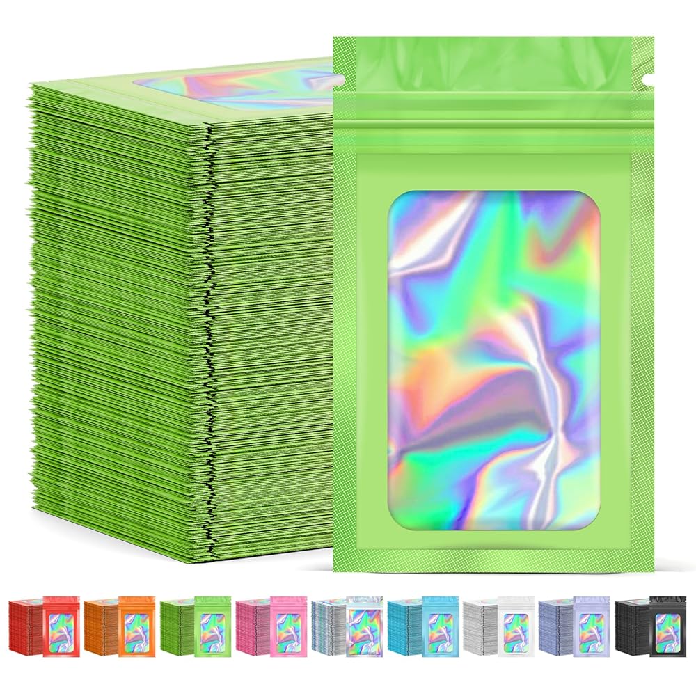 JETMORE 300 Pcs Mylar Bags, Smell Proof Bags Foil Pouch, Holographic Resealable Bags for Small Business, Candy Sample Jewelry Bag Sealable Packaging for Party Favor Food Storage (5.5x7.9in-Green)