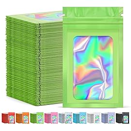 JETMORE 300 Pcs Mylar Bags, Smell Proof Bags Foil Pouch, Holographic Resealable Bags for Small Business, Candy Sample Jewelry Bag Sealable Packaging for Party Favor Food Storage (5.5x7.9in-Green)