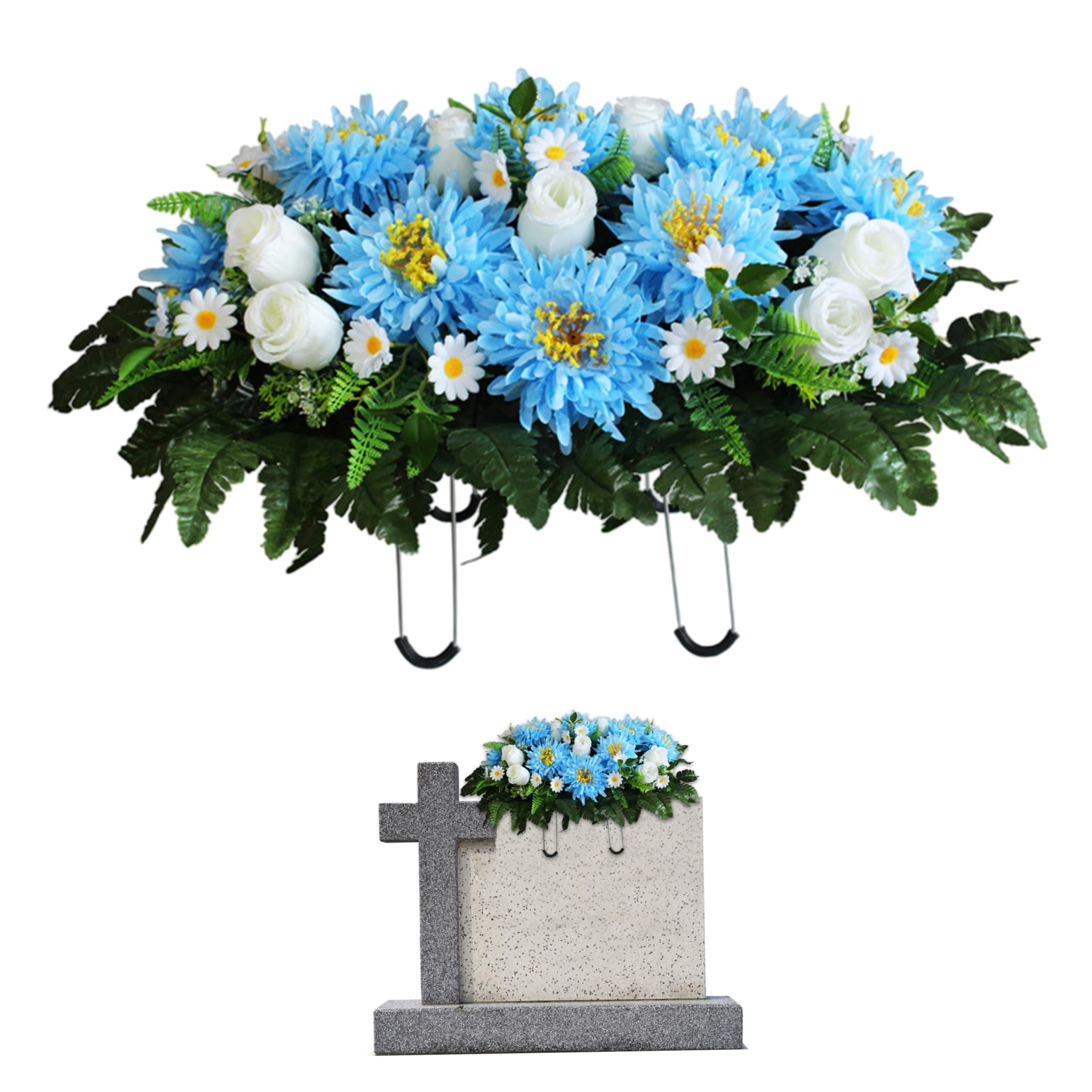 Neptuiby Headstone Flower Saddle, Artificial Cemetery Flowers for Grave, Realistic Blue Chrysanthemum Tombstone Decorations.