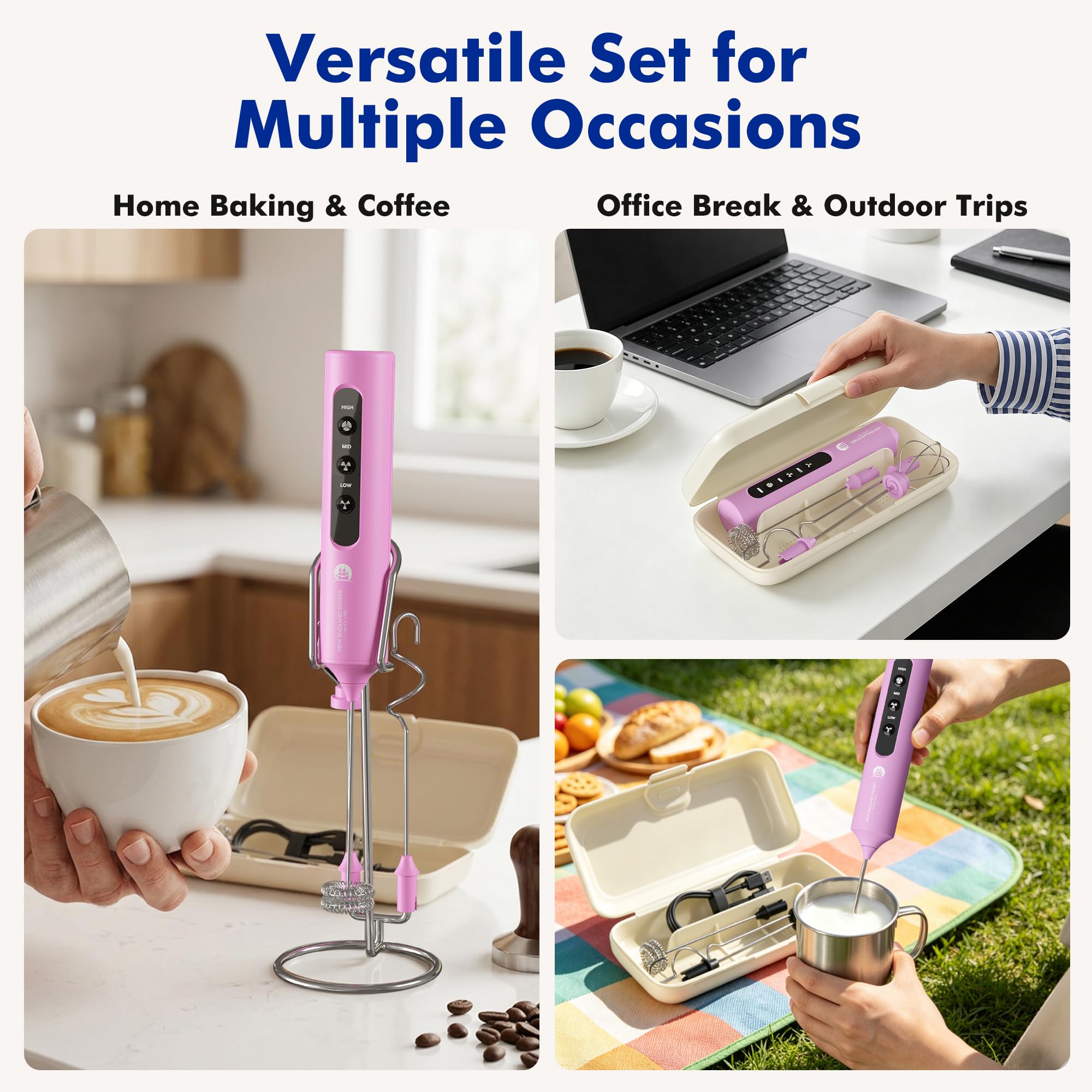 Espumador de leche recargable con soporte, 4 batidores intercambiables y estuche de viaje, batidor de mano para latte, matcha, chocolate caliente, huevos y batidos de proteínas
