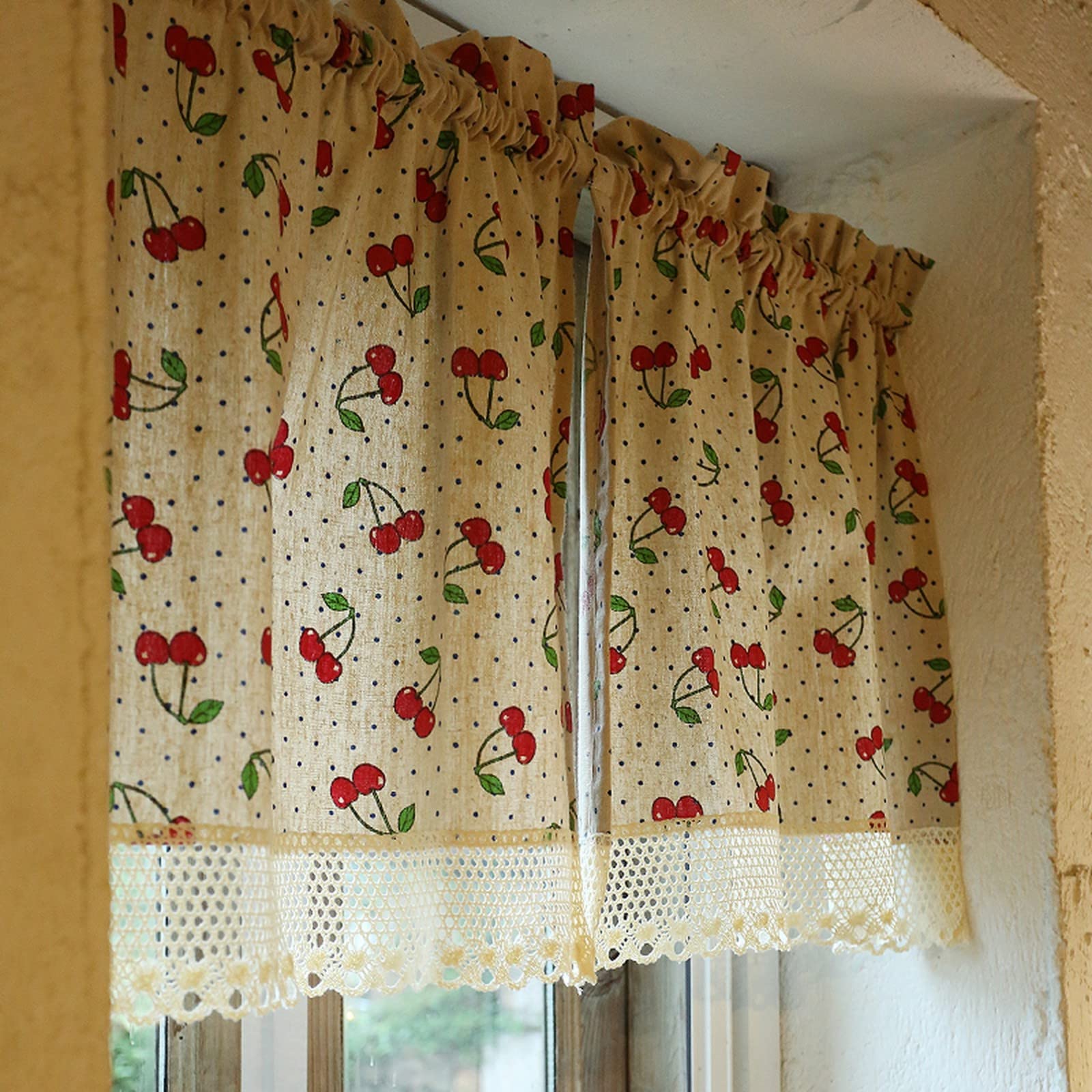 A.Monamour Rideau de Cuisine Court pour Petit Fenêtre 2 Coton Lin Motif Cerise avec Dentelle Rideau Brise-bise Rideaux à Disques Cantonnières Demi Rideau Passe-Tringle pour Bistro Café