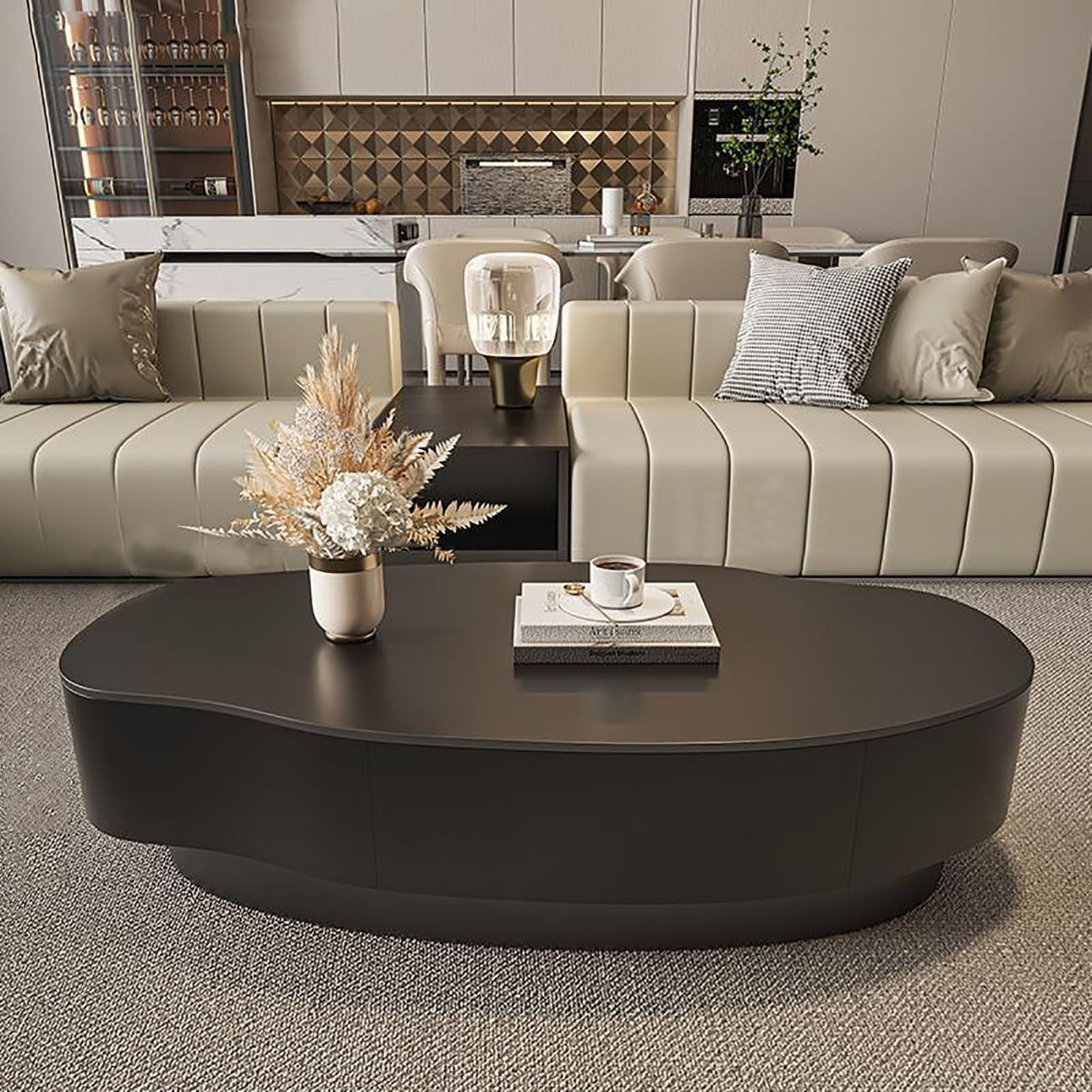 SXZenSpace Oval Coffee Table with Storage, Modern Creative Design Faux Marble Veneered Irregular Pedestal Center for Living Room Apartment,A,120x60x33cm(47x24x13inch)