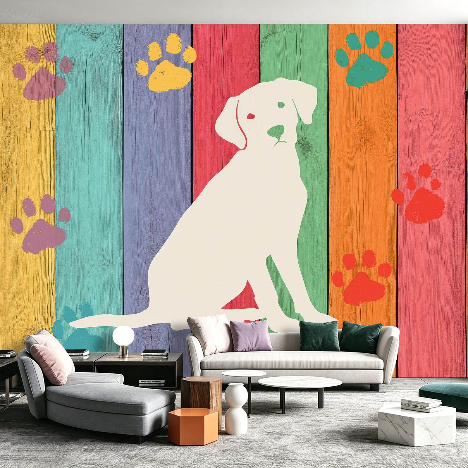 Carta da parati fotografica con animali, semplice, 200 x 140 cm (larghezza x altezza), in tessuto non tessuto, decorazione da parete, motivo: cane su tavola di legno, per camera da letto, soggiorno