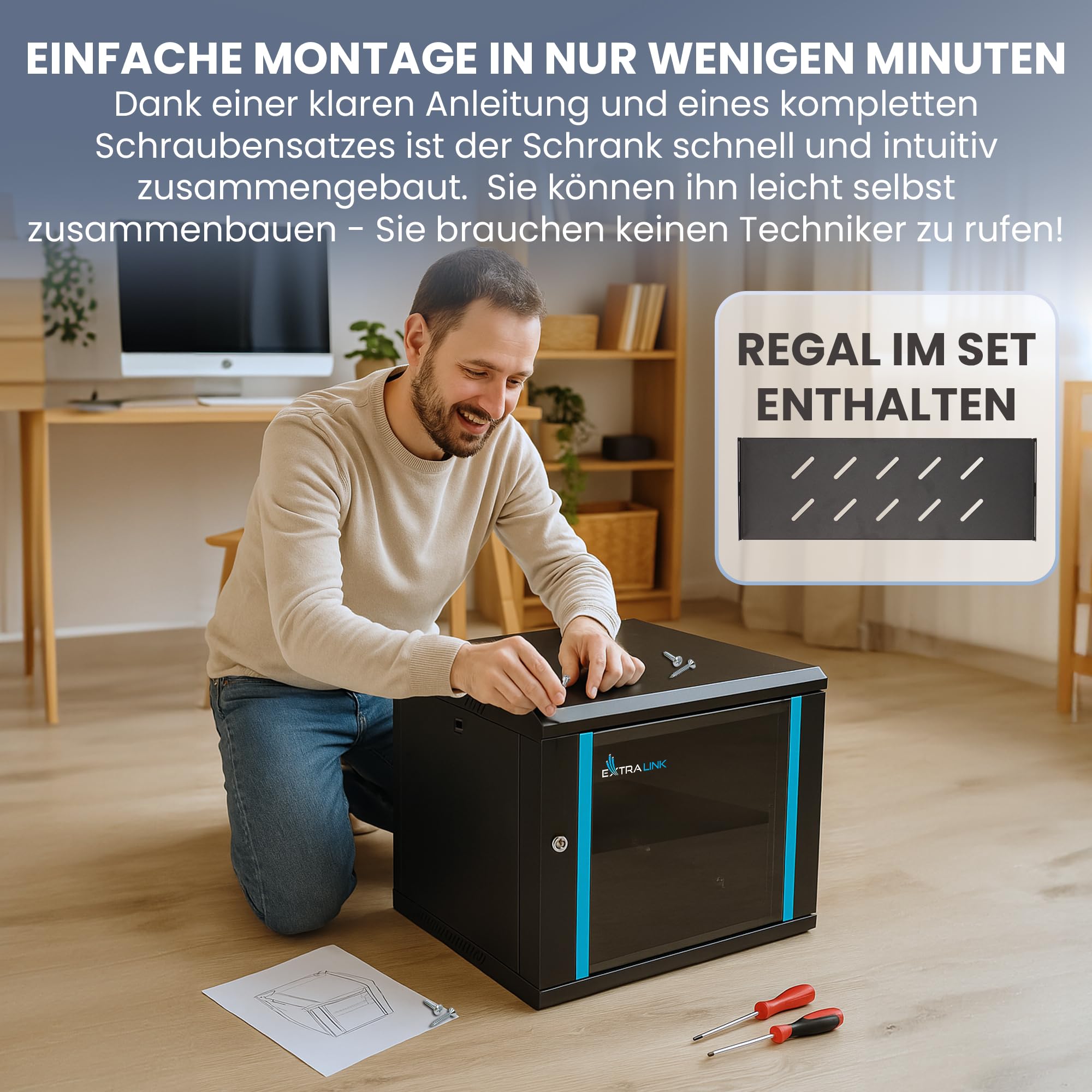 Extralink Serverschrank 19 Zoll 9HE - Netzwerkschrank 400mm Tiefe - Wand oder Standmontage, Traglast 60 kg, 180° Öffnung, schwarz - inkl. praktischer Regale - für Heimnetzwerk & IT-Geräte