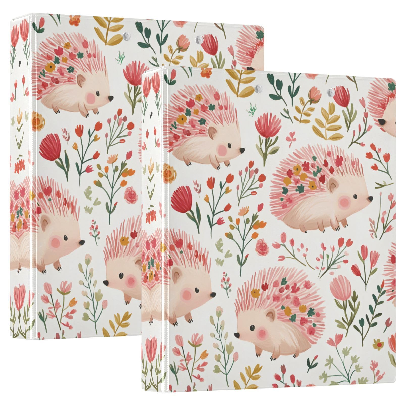 Confezione da 2 raccoglitori a 3 anelli, con foglie floreali e riccio, 3,8 cm, con 3 tasche trasparenti, portablocco e contiene 200 fogli, per ufficio, scuola, organizzazione della casa