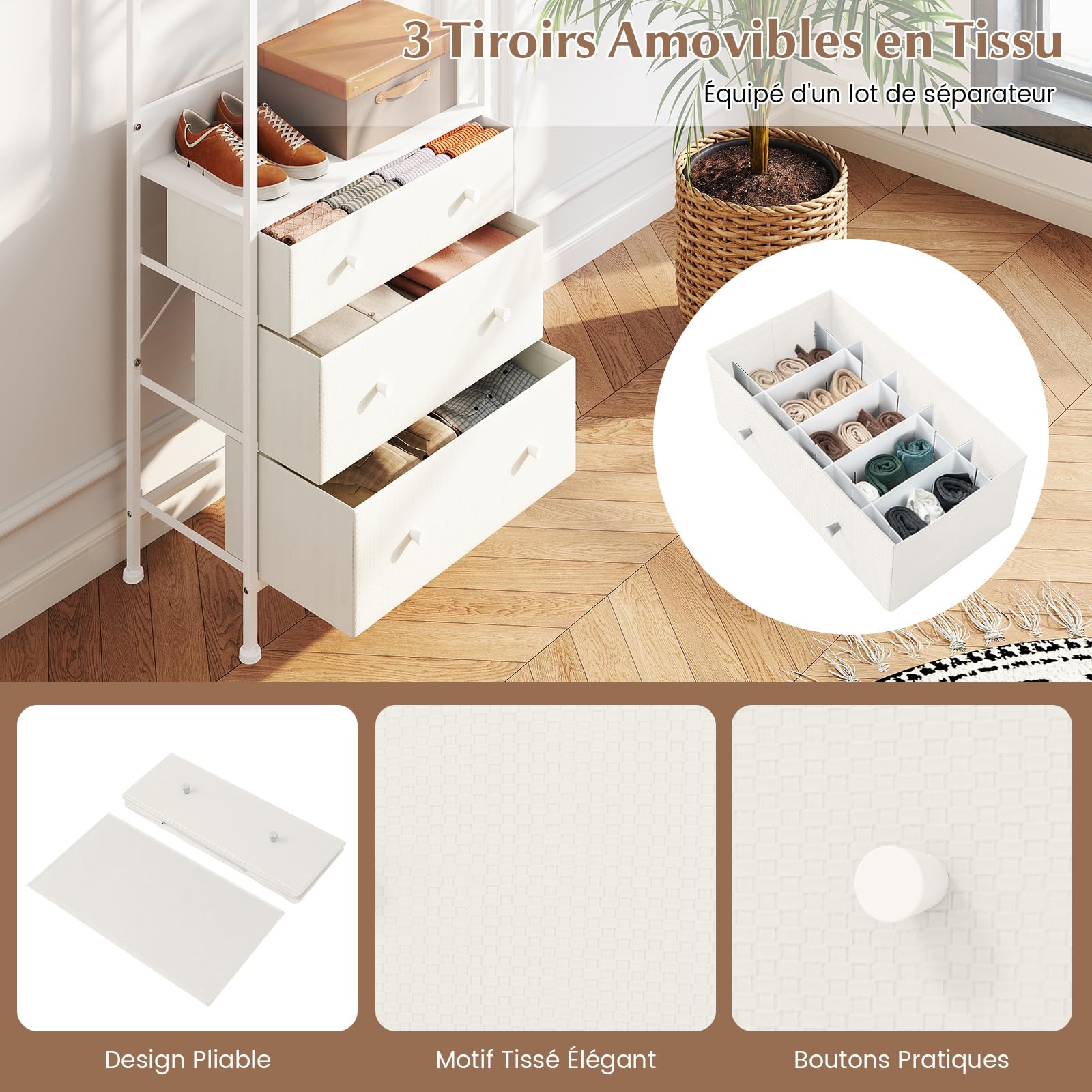 COSTWAY Porte Manteaux Entrée, Portant à Vêtement 3 Tiroirs Pliables, Tringle à 3 Positions, Vestiaire Petit Largeur 55cm, 1 Séparateur, Surface en PVC, Cadre en Métal, Kits Anti-Renversement(Blanc)