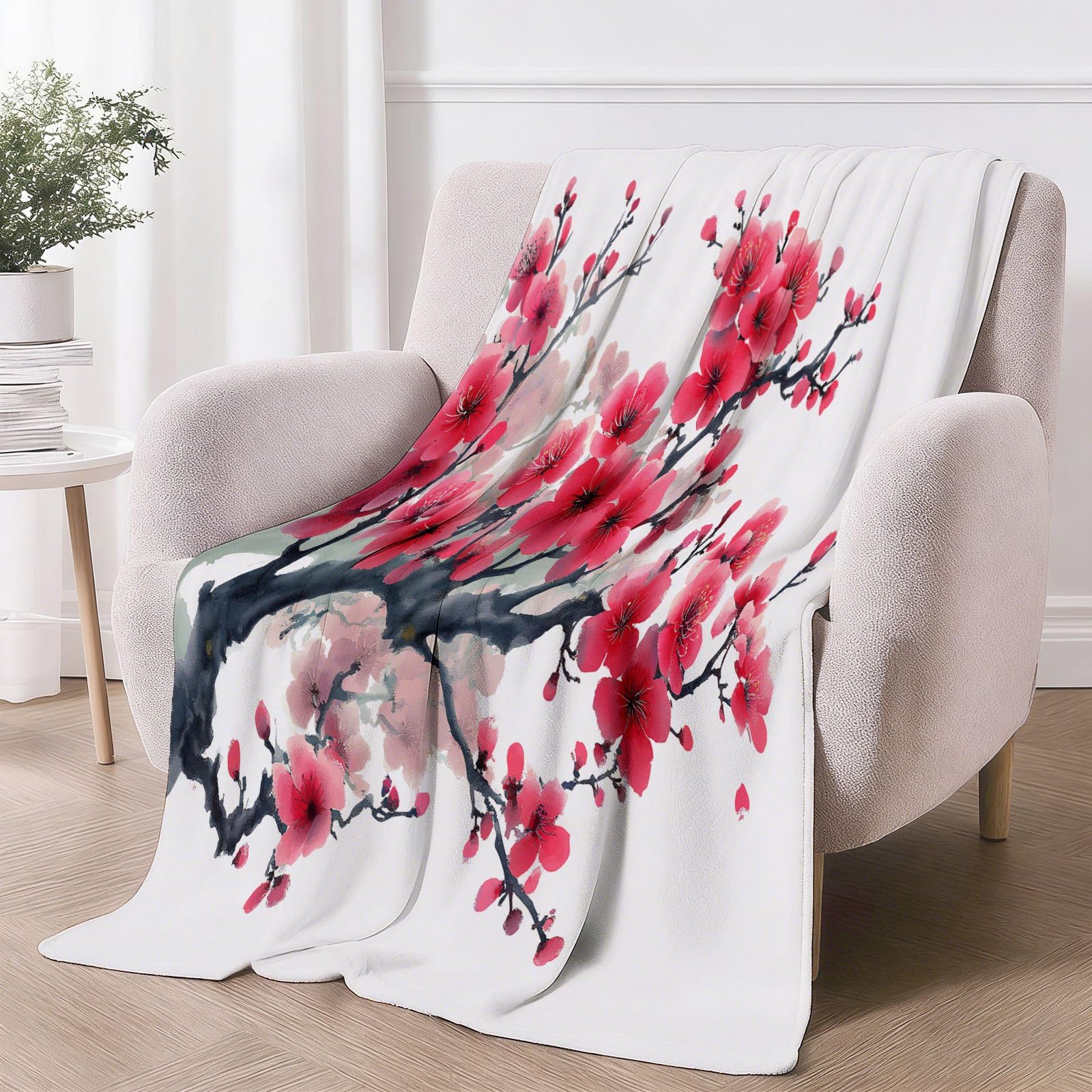 Coperta in pile da 150 x 200 cm, morbida e leggera, con stampa tradizionale orientale, con boccioli di prugna, con stampa a inchiostro, morbida e accogliente, per letto e divano, per viaggi, campeggio