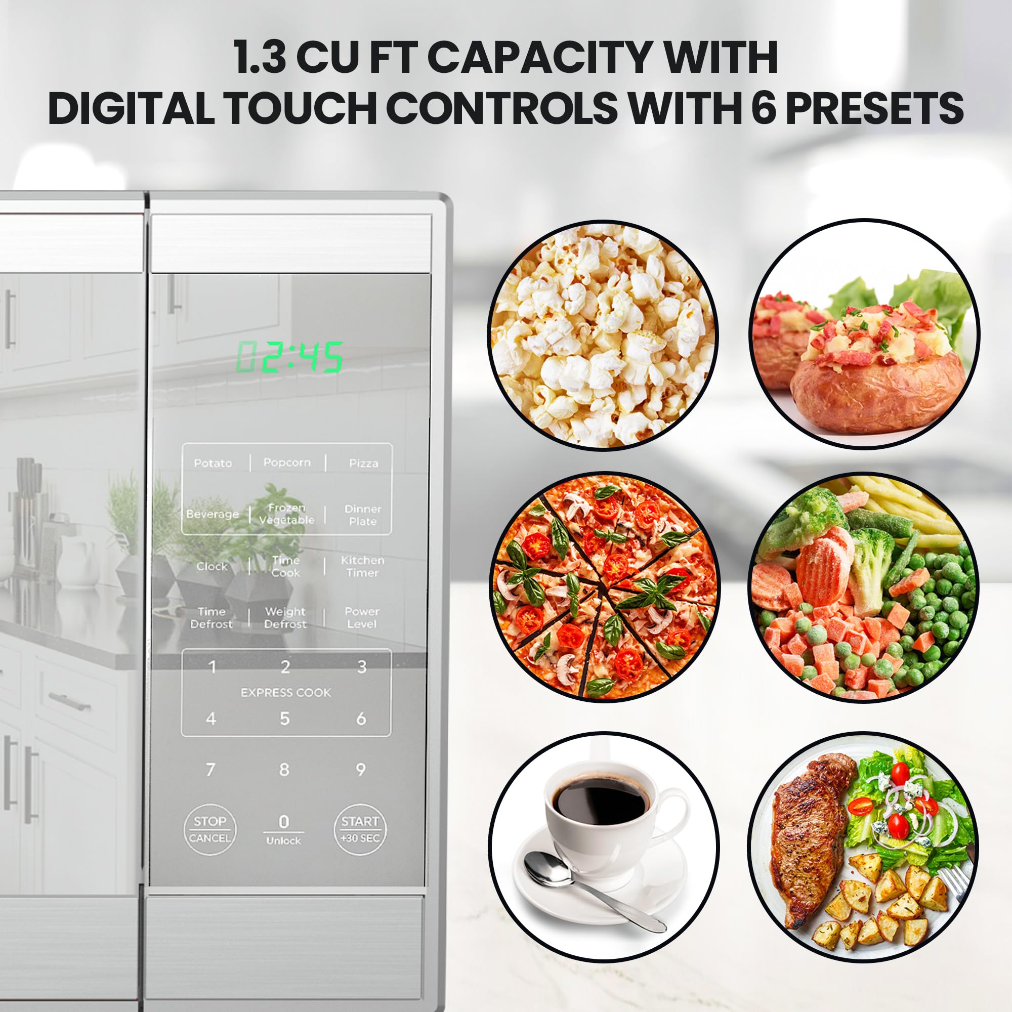 Total Chef - Horno de microondas compacto para encimera, 1100 W, capacidad de 1.3 pies cúbicos, controles de visualización táctil digitales, apertura de botón pulsador de un solo toque, 6 modos de