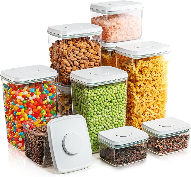 Airtight Food Storage Containers, 10-Piece, 5 Sizes, Pop-Top Lids | Clear Stackable Pantry Canisters for Flour, Sugar, Cereal, Pasta, Oats, Coffee, Snacks and Everyday Home Baking Ingredients