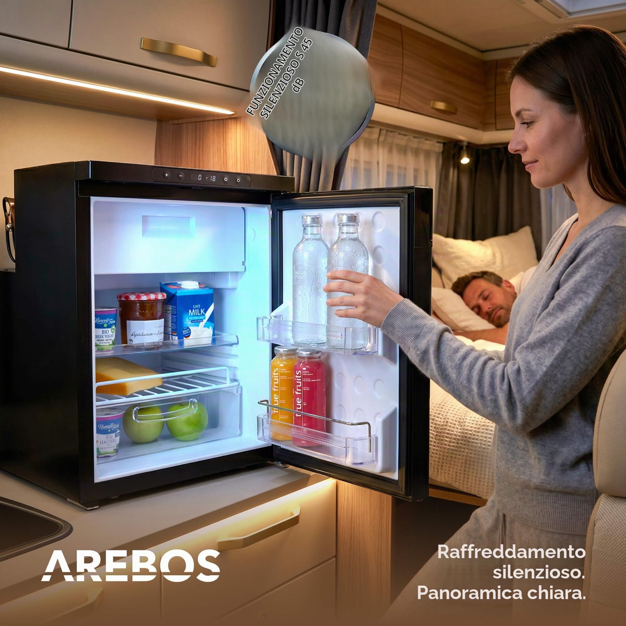 Arebos Frigorifero a Compressore per Camper 50L con Scomparto Congelatore | Controllo APP | 12V/24V | Fino a -20°C | Porta Reversibile | Frigorifero per Camper, Van, Auto e Camion