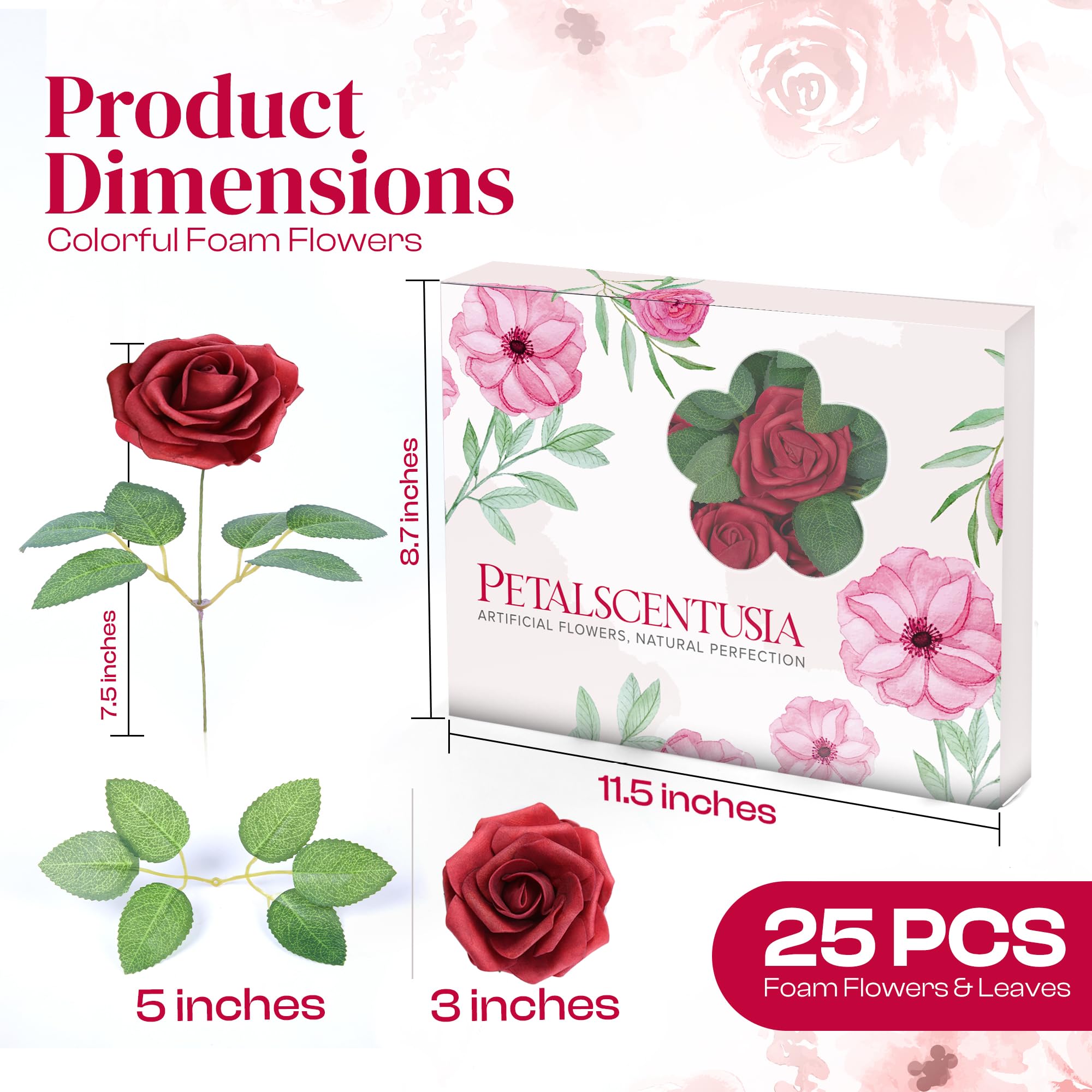 Petalscentusia Artificial Roses 25 pcs Fake Roses with Stems and 20 Leaves Foam Latex for Wedding Bouquets Valentine's Day - Image 2