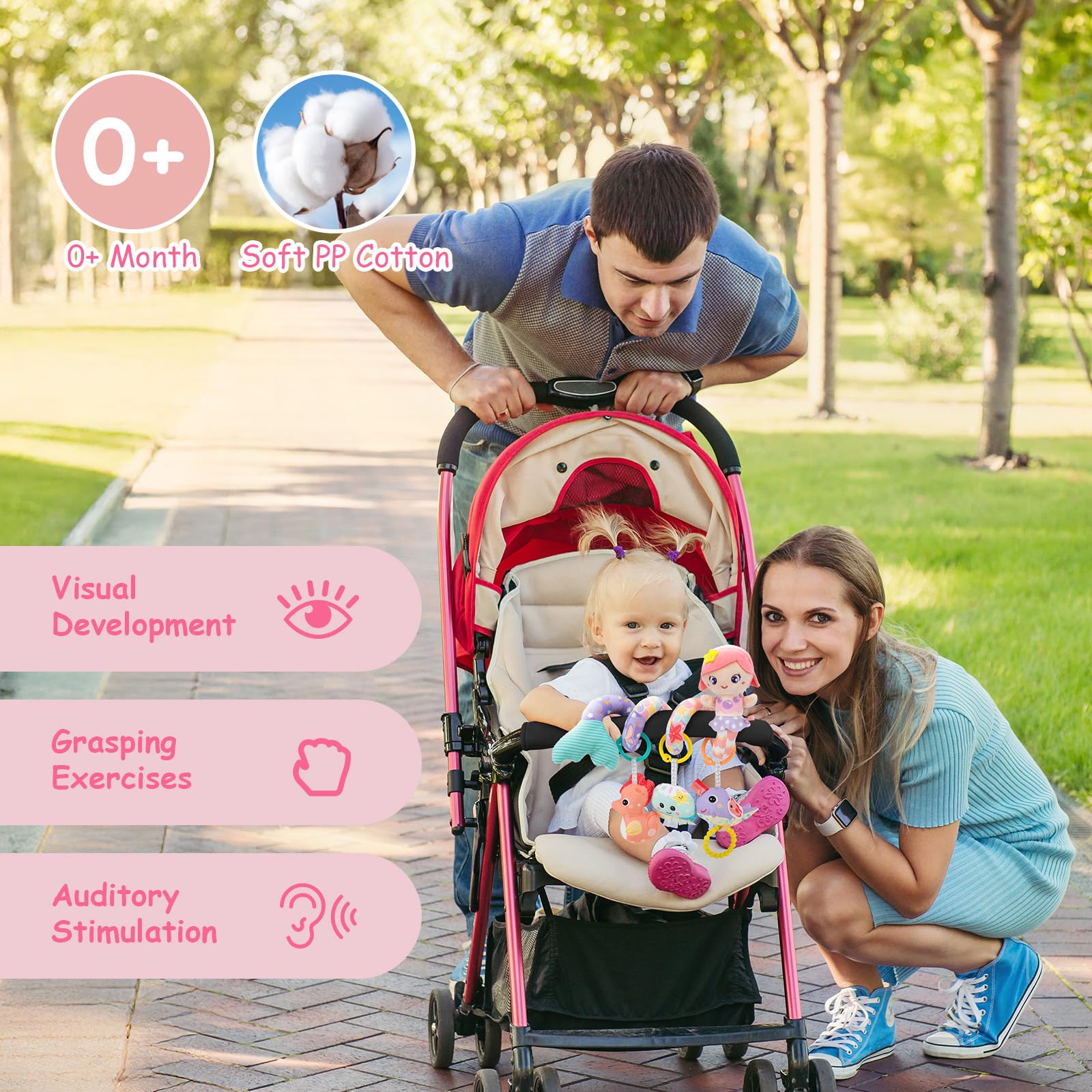 Funsland Giocattolo a Spirale Passeggino Neonato - Giochi Passeggino Neonati Regalo per 0 3 6 Mesi Ragazze, Peluche Giocattolo a Spirale con Musica per Culla Neonato/Seggiolino Auto, Rosa