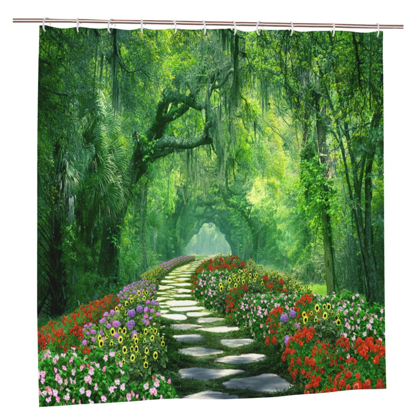 Newhomestyle Garden View Bathroom Shower Curtain, Natural Plant Landscape Flower Forest Green Waterproof Bath Curtain