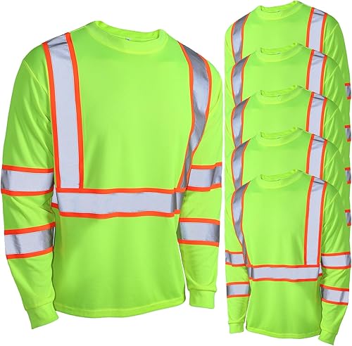 Paquete de 6 camisetas de seguridad de manga larga, clase 3 de alta visibilidad con tiras reflectantes para la construcción de agrimensores de