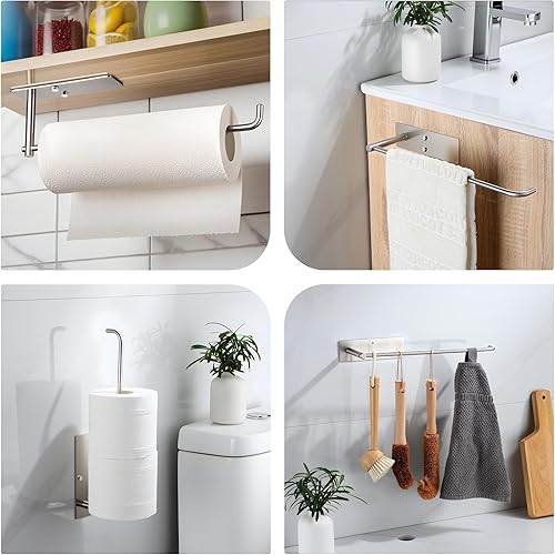 Miniatura 9 de YIGII Soporte de pared para toallas de papel negro, para debajo del gabinete, autoadhesivo, para cocina, acero inoxidable SUS-304