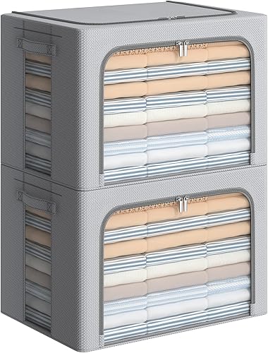 FHSQX Clothes Storage Bins,Foldable Clothing Storage Box,Stackable Steel Frame Oxford Fabric Organizer with Clear Window & Carry Handles