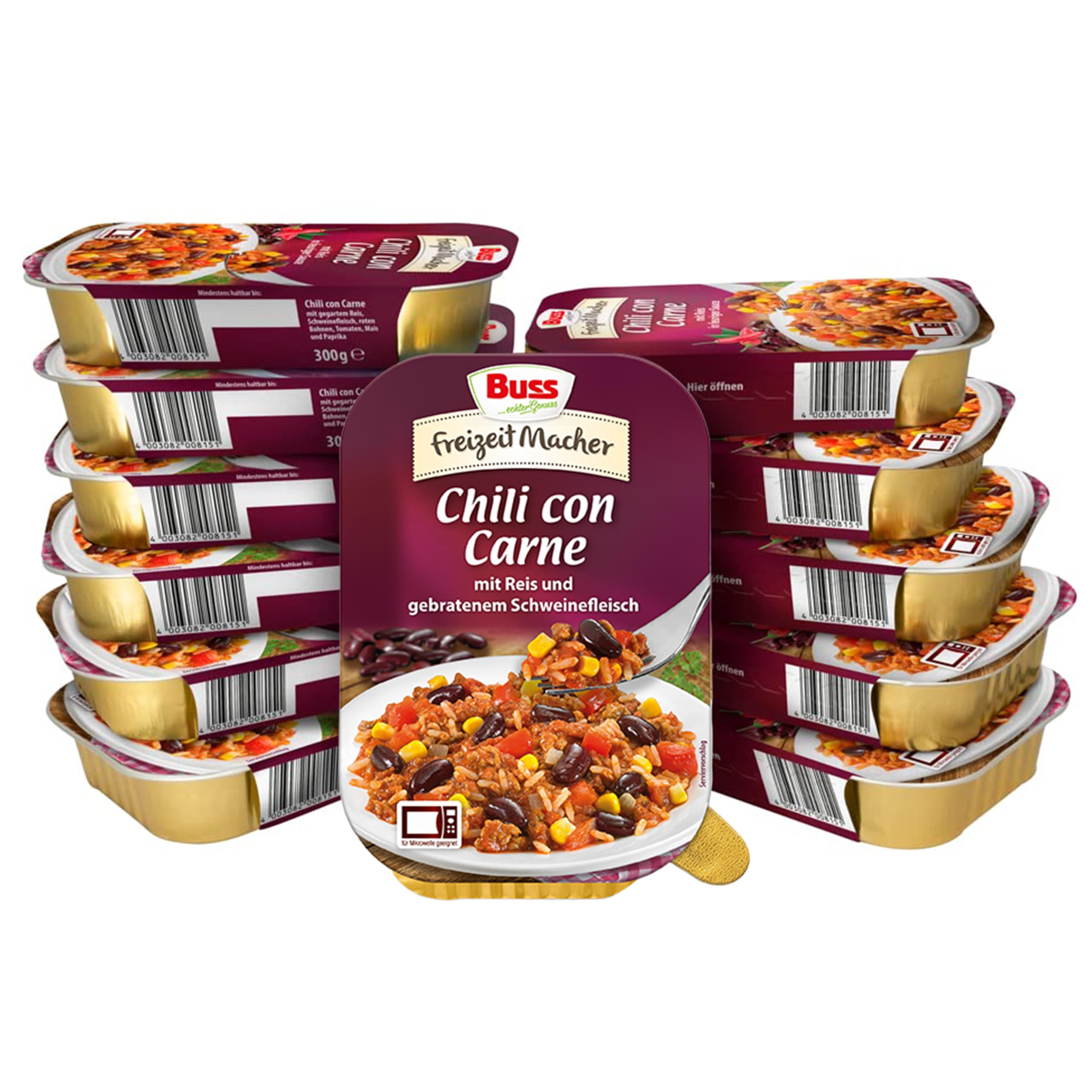 Buss Freizeitmacher Pikantes Chili con Carne mit Hackfleisch, Reis, roten Bohnen, Mais, Tomaten, Paprika - Fertiggerichte zum Aufwärmen in Mikrowelle & Topf - Schnell & Einfach Zubereitet - 12 x 300g