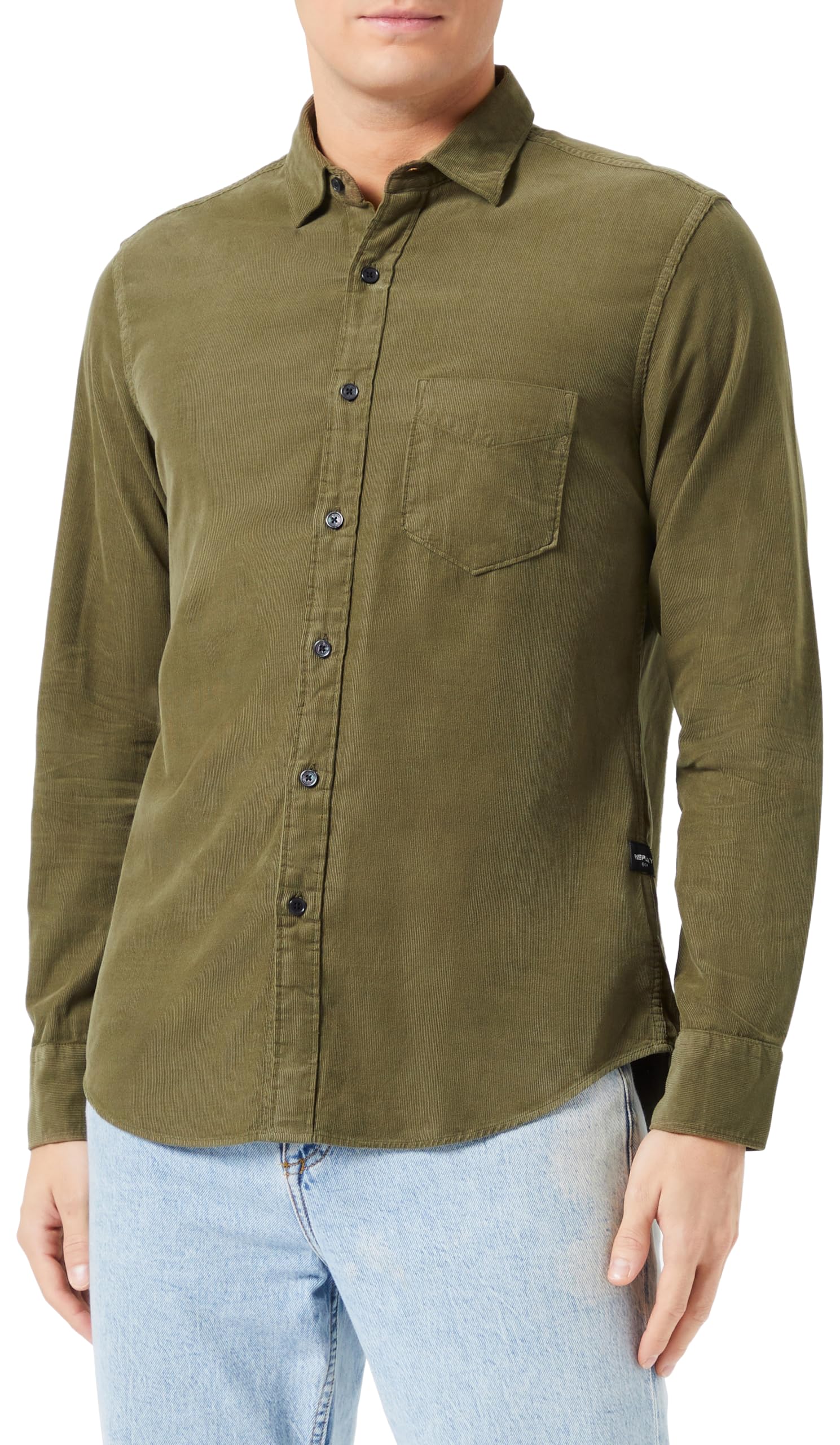 Replay Men's Long-Sleeved Shirt Made of Cotton Mix, Dark Olive 928 (Green), XL