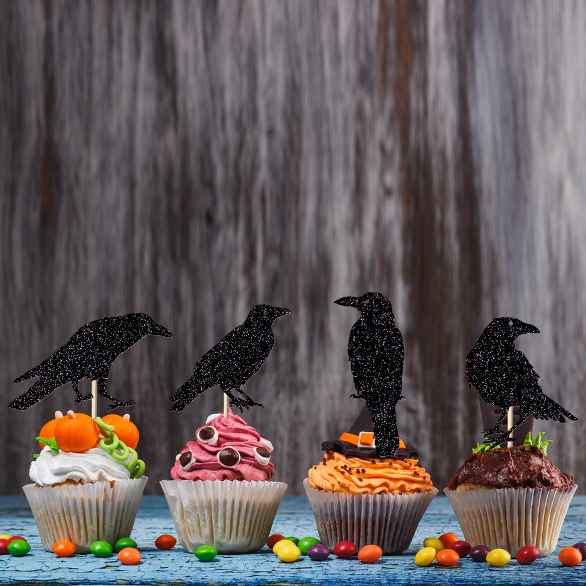 Krähen Cupcake-Topper Halloween Dekoration - 24 Stück Schwarzer Glitzer Raben Motive