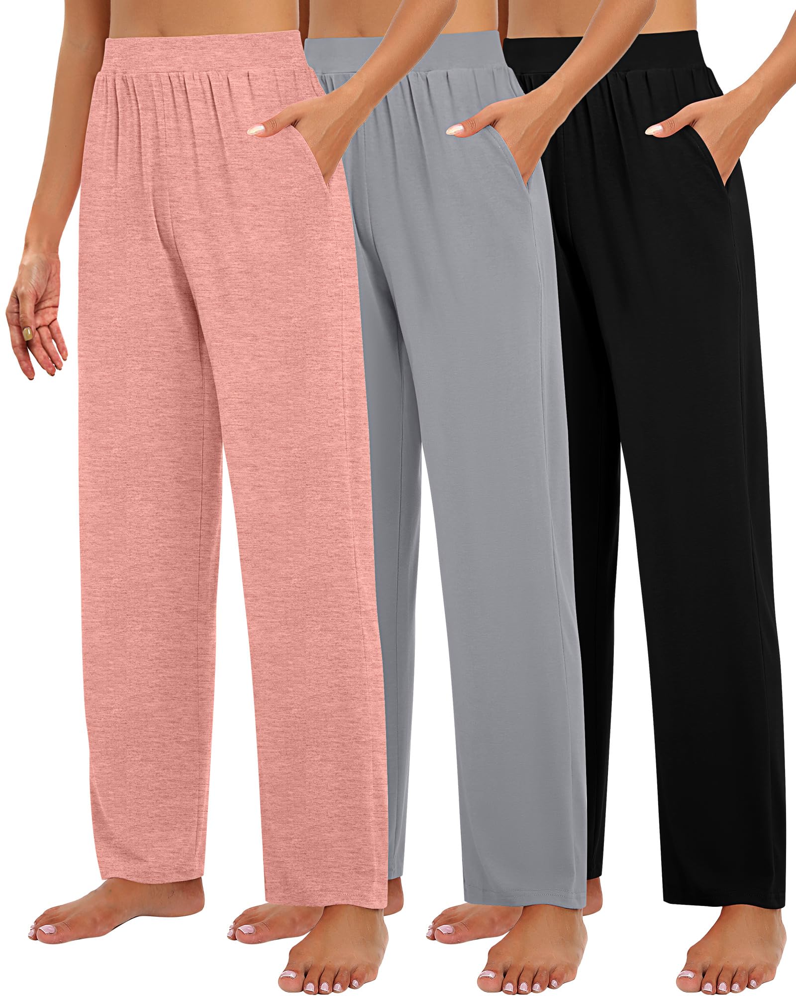 Huukeay 3 Pack Women's Lounge Pants, Cozy Wide Leg Lounge Slacks with Pockets Loose Flowy Yoga Sweatpant Workout Comfy Jogger
