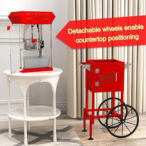 Miniatura 7 de Máquina de palomitas de maíz de 8 onzas con carro, máquina comercial de palomitas de maíz con ruedas y hervidor de acero inoxidable, 3 cucharas de