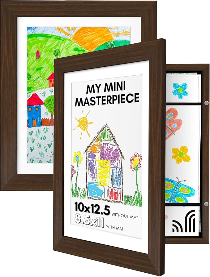 Americanflat 10x12.5 Kids Art Frame - Front Loading Picture Frame - Set of 2 - Use as 8.5x11 Frame with Mat or 10x12.5 Frame Without Mat - My Mini Masterpiece - Holds 100 Artworks – Walnut