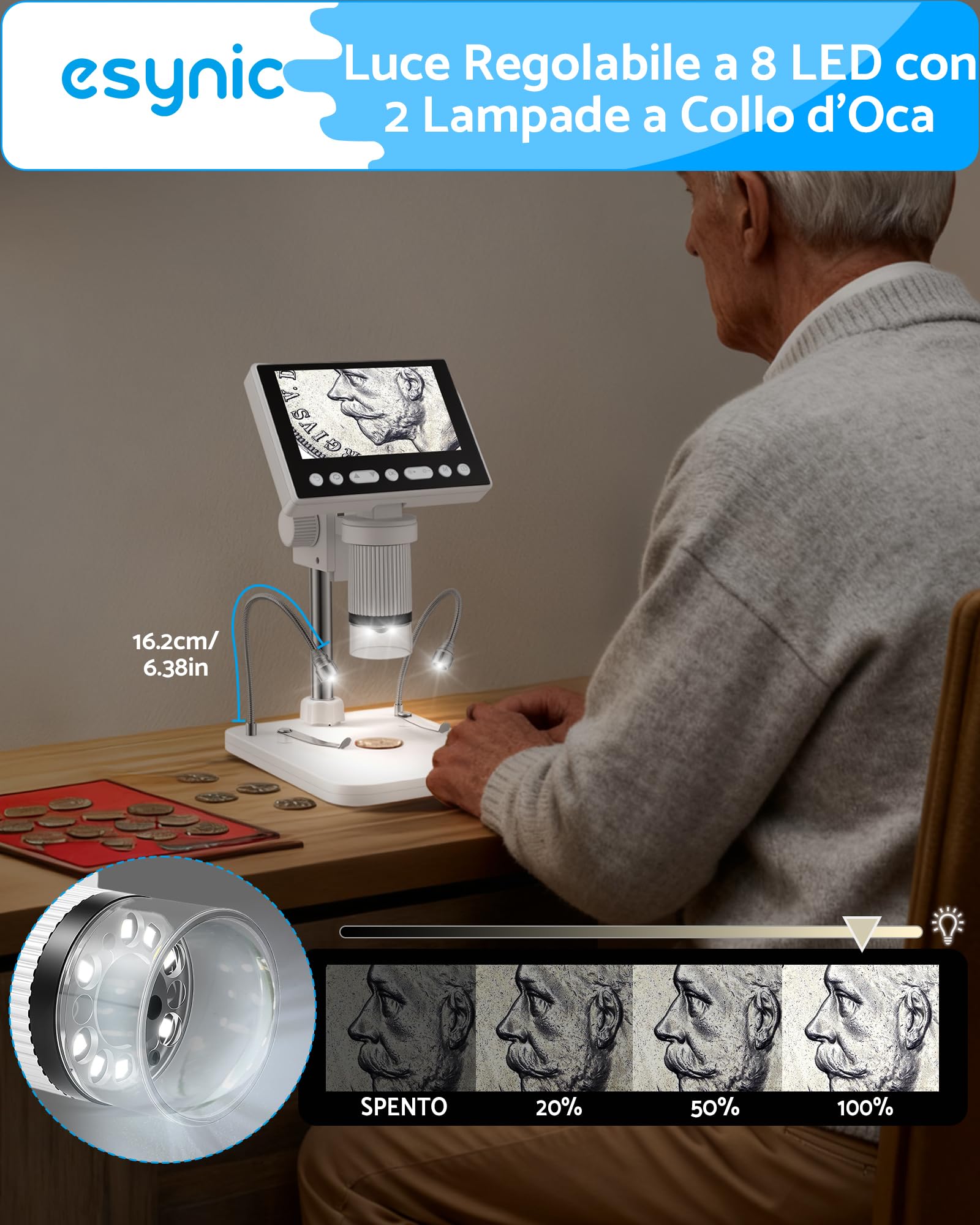 eSynic IPS 4.5" Microscopio Digitale Ricaricabile, Ingrandimento 5X-1000X, 8 LED Regolabile + 2 Fari a Tubo Flessibile, USB Microscopio con 32GB di Memoria, Fotocamera 1080P, Compatibile Windows/MacOS