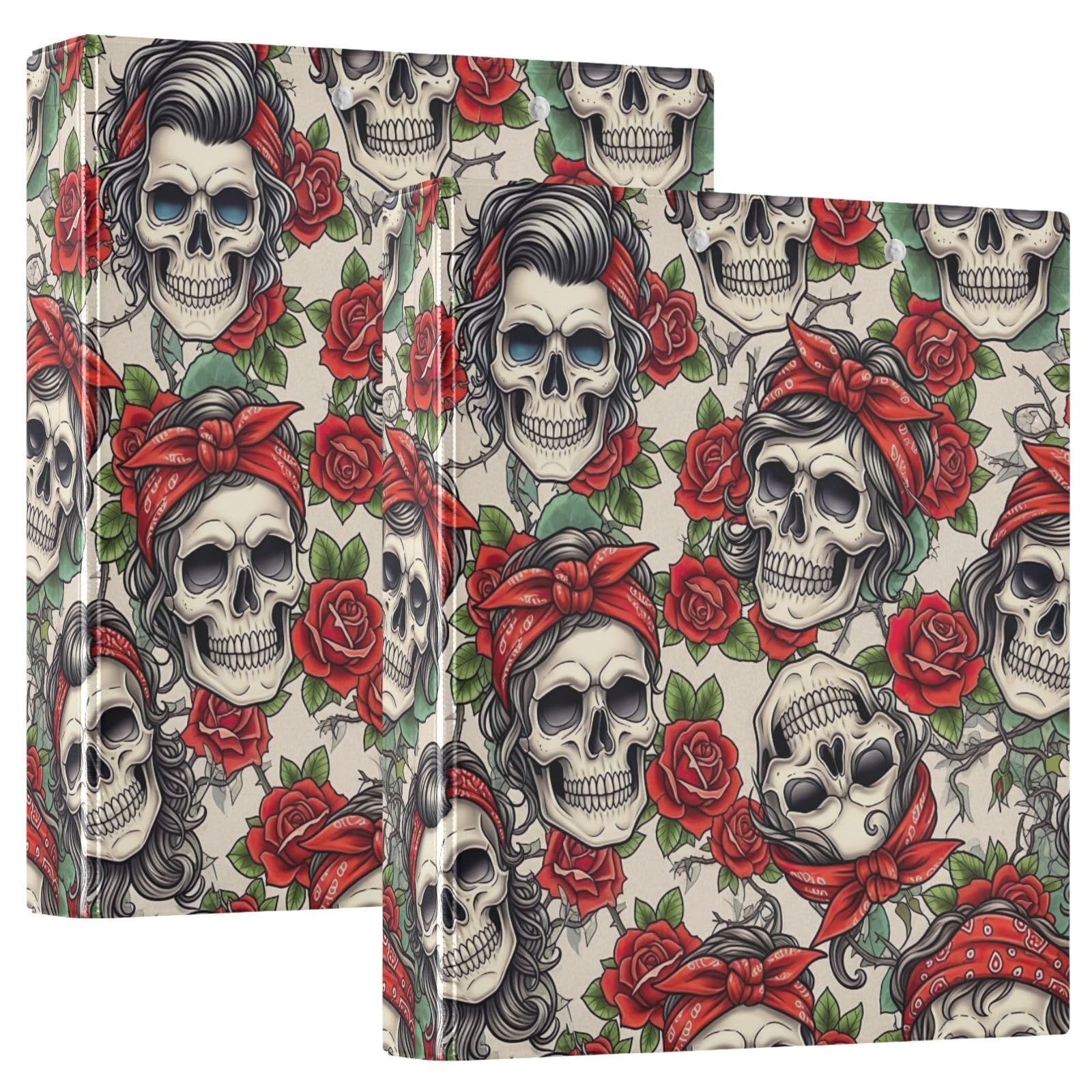 Confezione da 2 raccoglitori ad anelli vintage, con teschi e rose rosse, con tasche, grandi, per scuola, università, ufficio