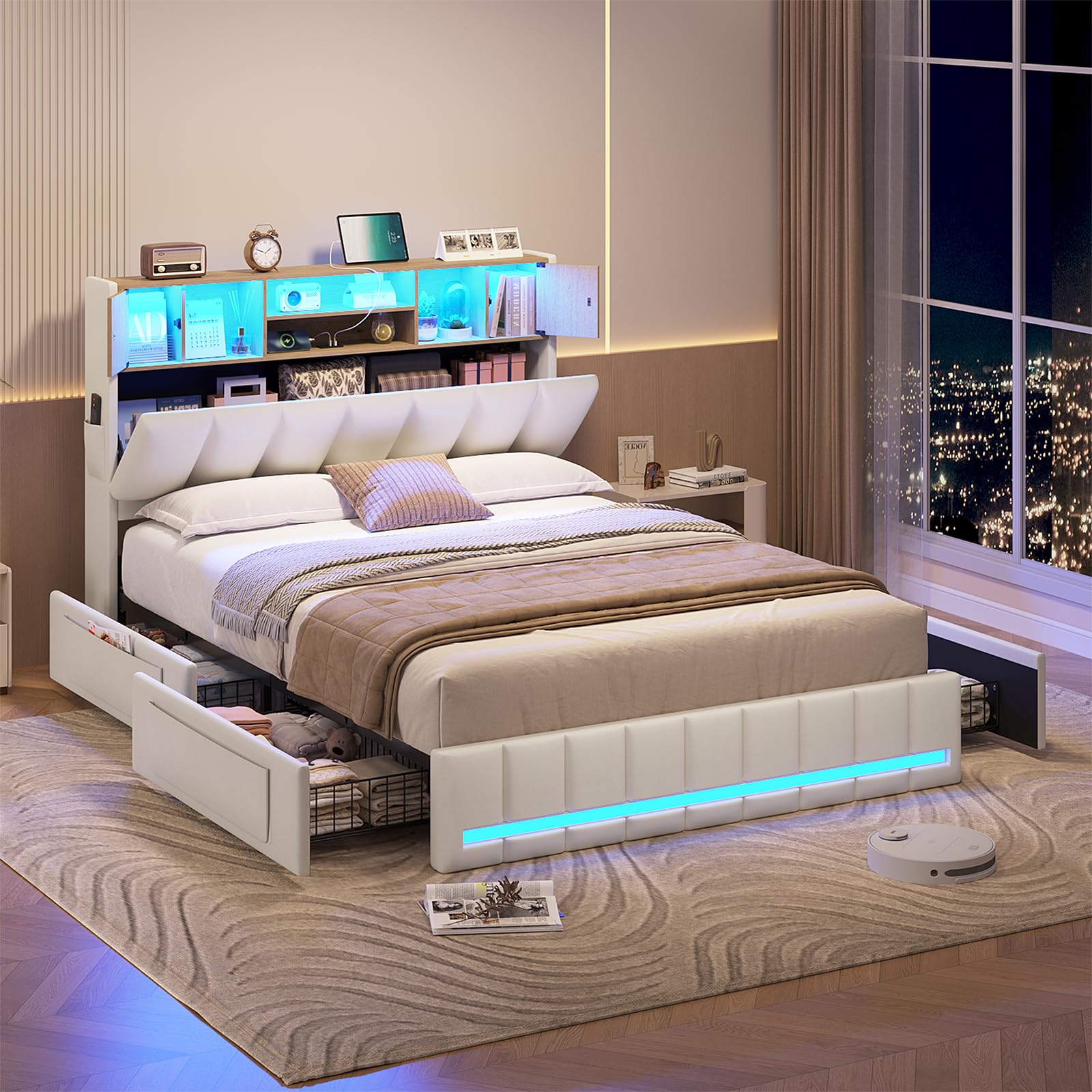 KIMENICH Lit 140 x 190, Lits Double avec LED et Multiprise, Cadre de Lit en Métal avec 4 Tiroirs, Tête de Lits en Bois Capitonnée avec 7 Compartiments, Lits 140 x 190 avec Sommier et Rangement, Blanc