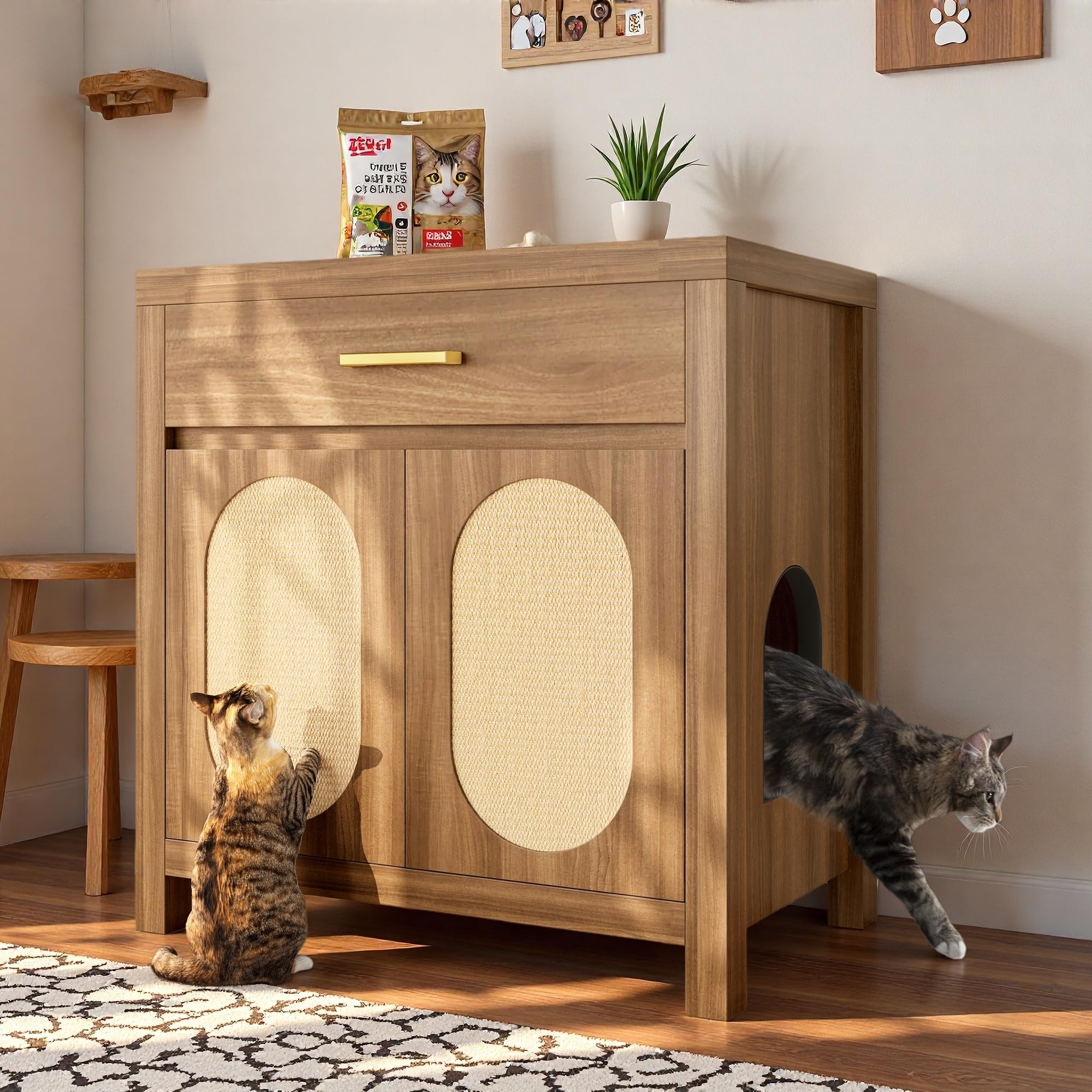 Trygoal Wooden Cat Litter Box Enclosure, Hidden Cat Litter Box Furniture with Scratch Pad, Storage Drawer, Farmhouse Indoor Cat House Washroom End Table for Living Room, Brown