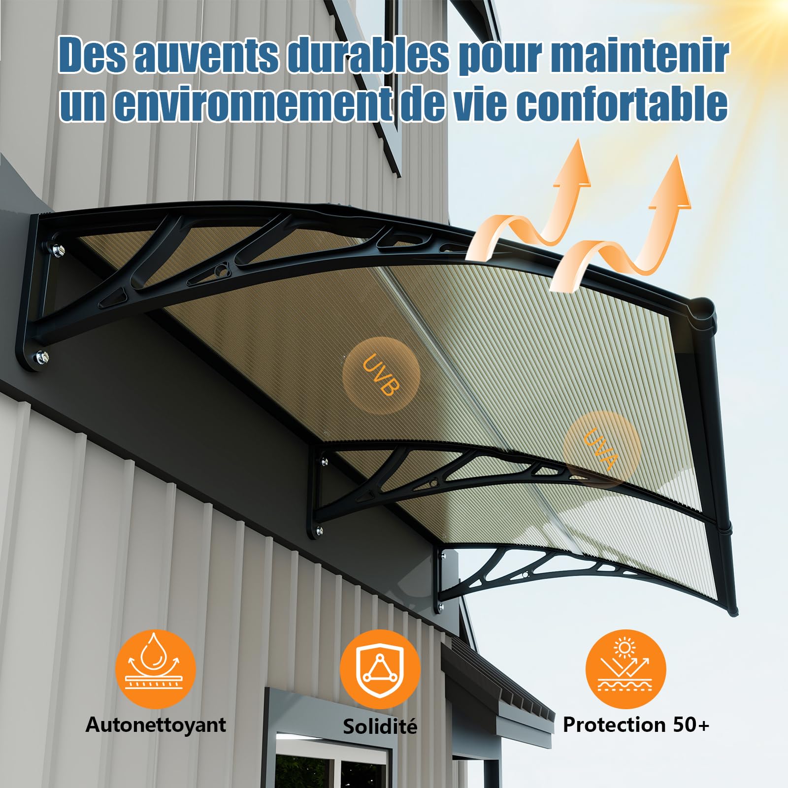GUANSU 300x80cm Marquise de Porte Extérieure, Auvent Polycarbonate Anti-UV | Bloque UV & chaleur, Anti-pluie vent neige, Auvent porte d'entrée pour terrasse/balcon/fenêtre, Support ABS anti-rouille