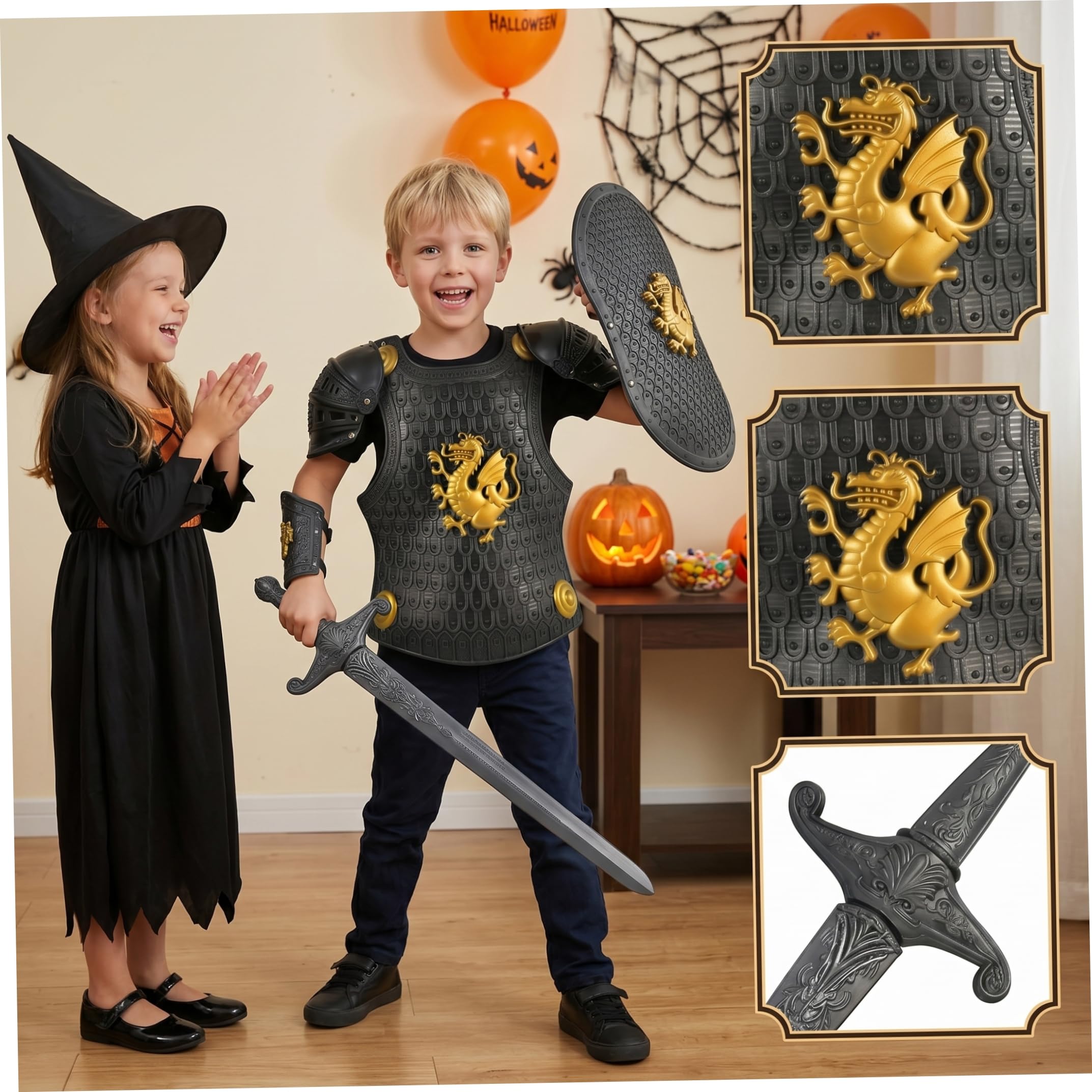 Costume da cavaliere per ragazzi, set di armature per bambini a tema drago, con casco, scudo e spada, nero