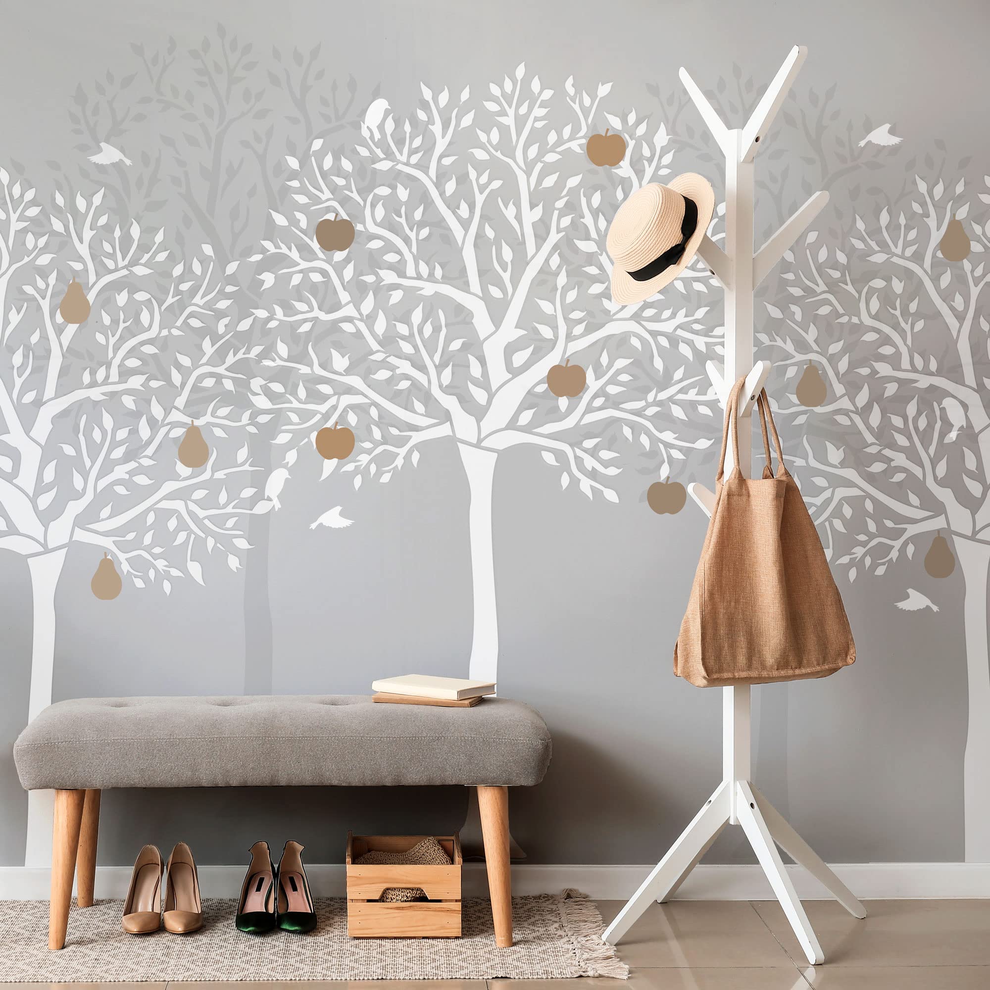 NAKLEO Plantilla para Pintar Paredes Grandes 104x167cm, Fruta Árbol Pájaro Patrón Plástico y Reutilizable, Stencil Manualidades DIY Artesanía Casa Decoración, Piso Madera Tejido Muebles