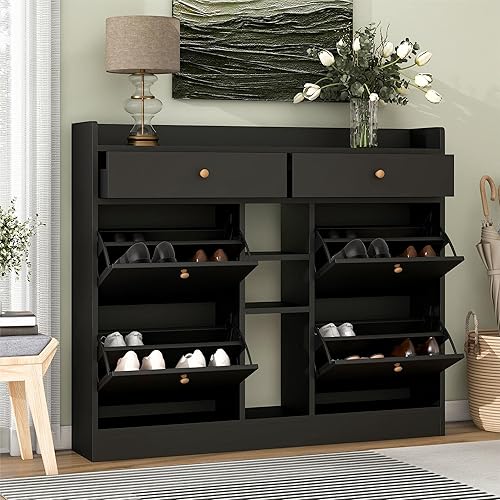 CEMKAR Zapatero moderno con 4 cajones abatibles, organizador multifuncional de almacenamiento de zapatos de 2 niveles con cajones, zapatero
