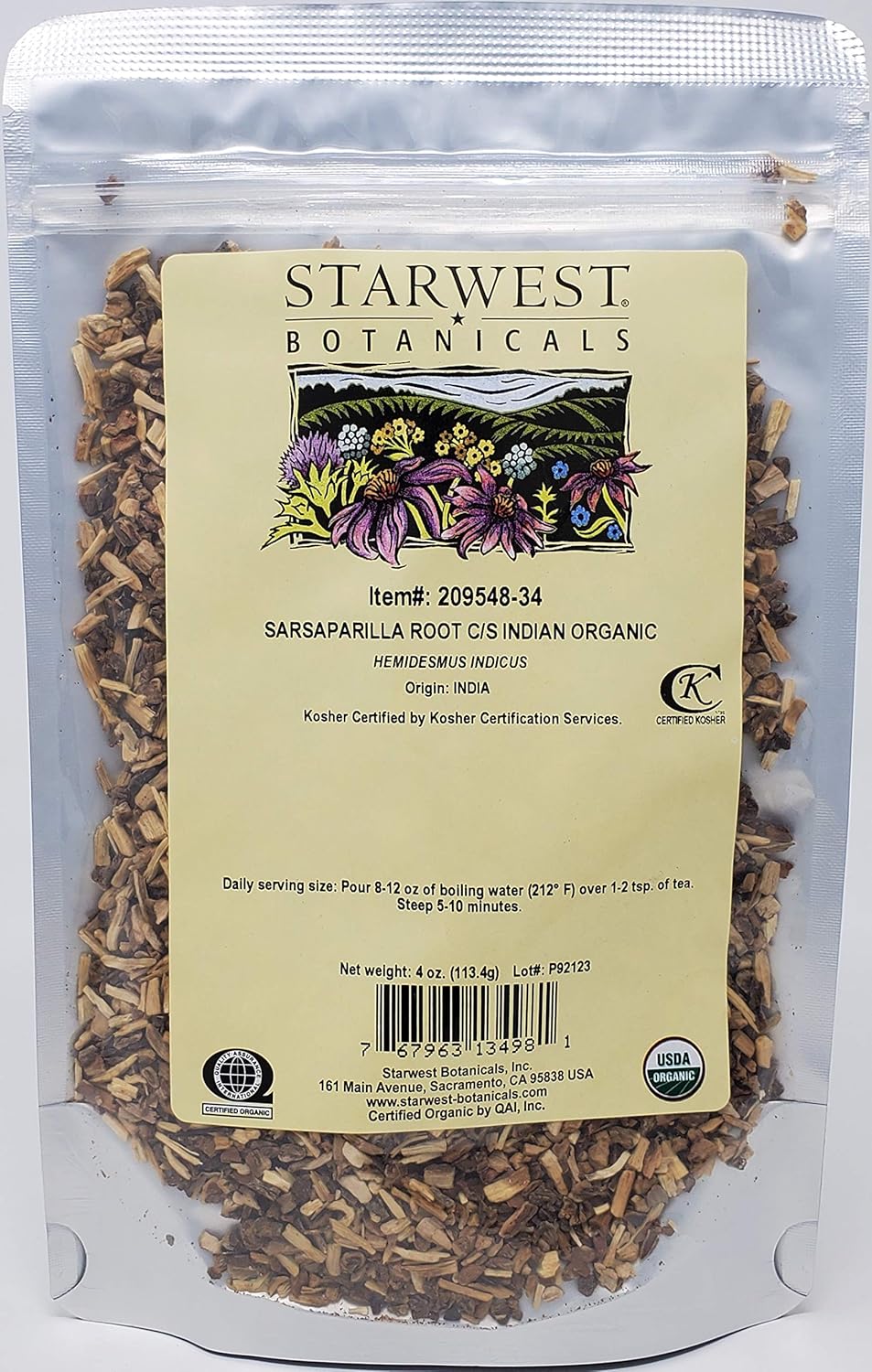 Starwest Botanicals Organic Sarsaparilla Root Cut & Sifted (Indian), 4 Ounces