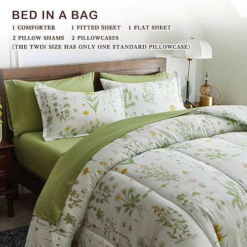Miniatura 5 de Joyreap - Juego de ropa de cama tamaño individual completo en una bolsa, 6 piezas, diseño botánico de flores amarillas y hojas verdes, juego de