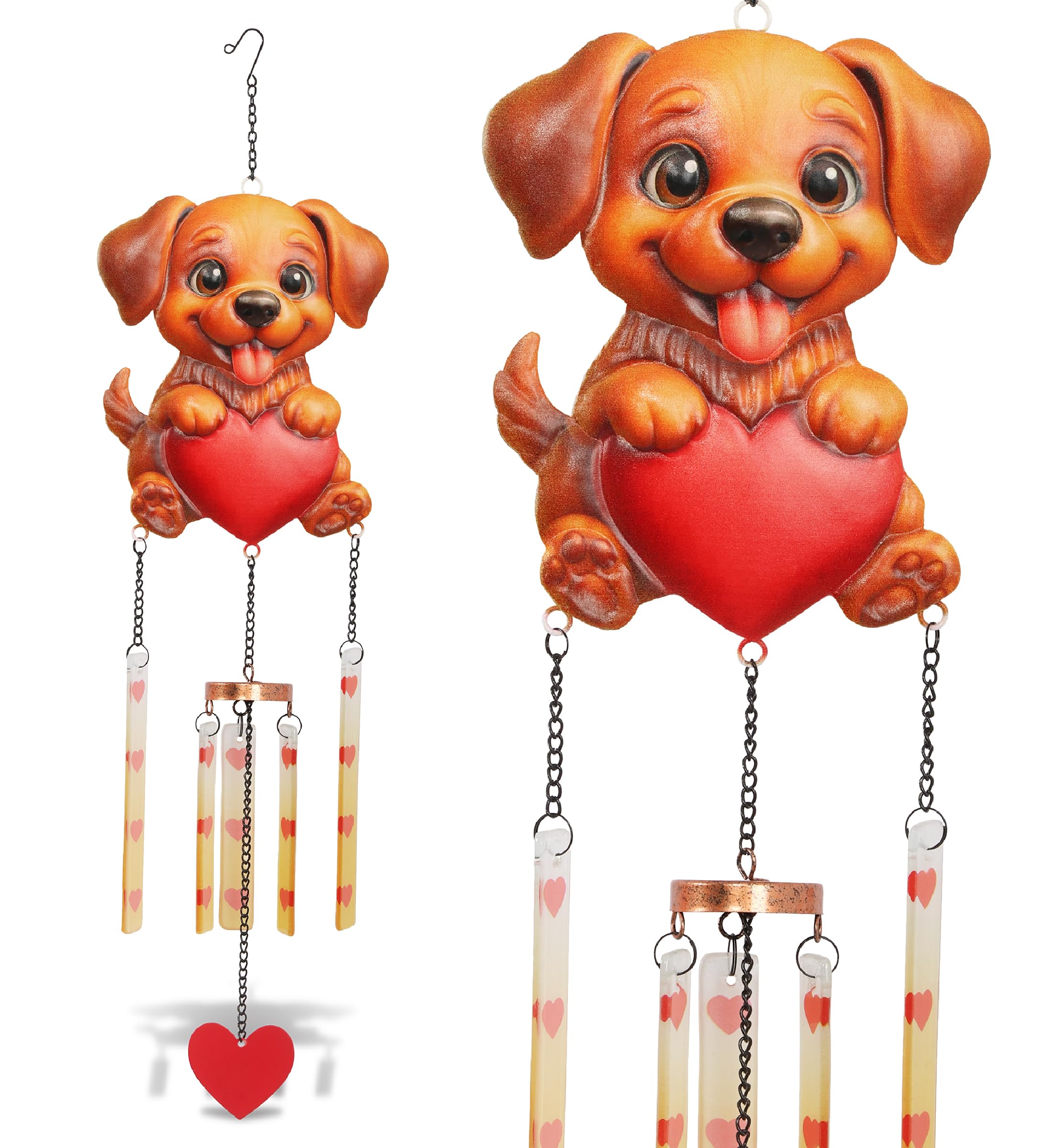 CoTa Global Puppy Love Carillon à vent – Décoration à suspendre en métal et verre faite à la main, chiot marron avec cœur rouge et tubes d'accentuation en cuivre, décoration d'intérieur et d'extérieur