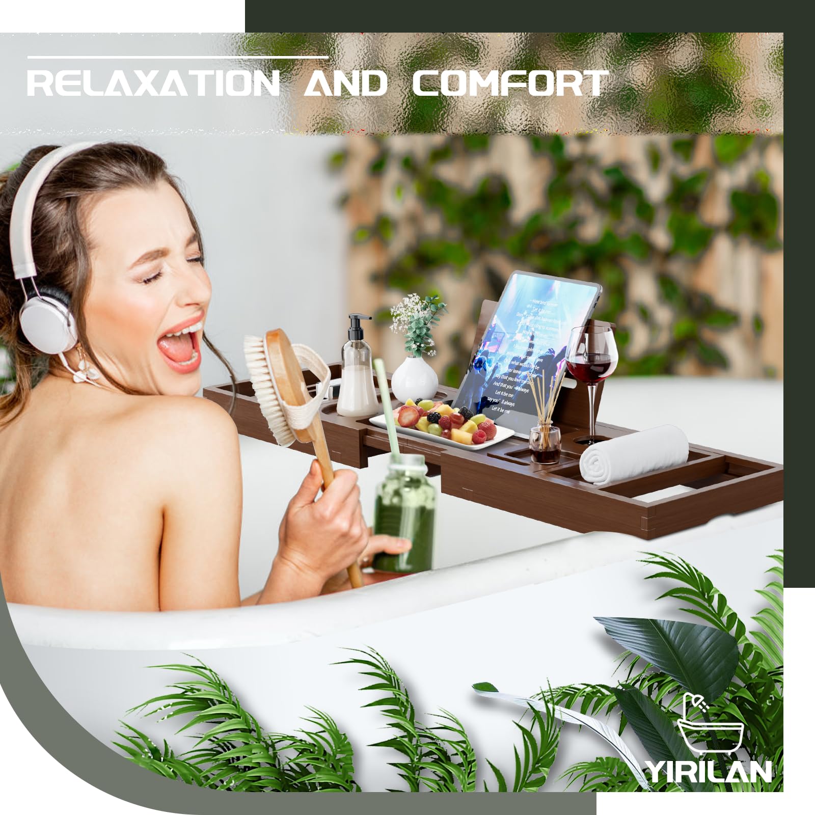 Plateau de bain en bambou extensible, Accessoire Salle de Bain, Plateau Réglable avec Porte-boisson, Serre-livres et Positions Fonctionnelles