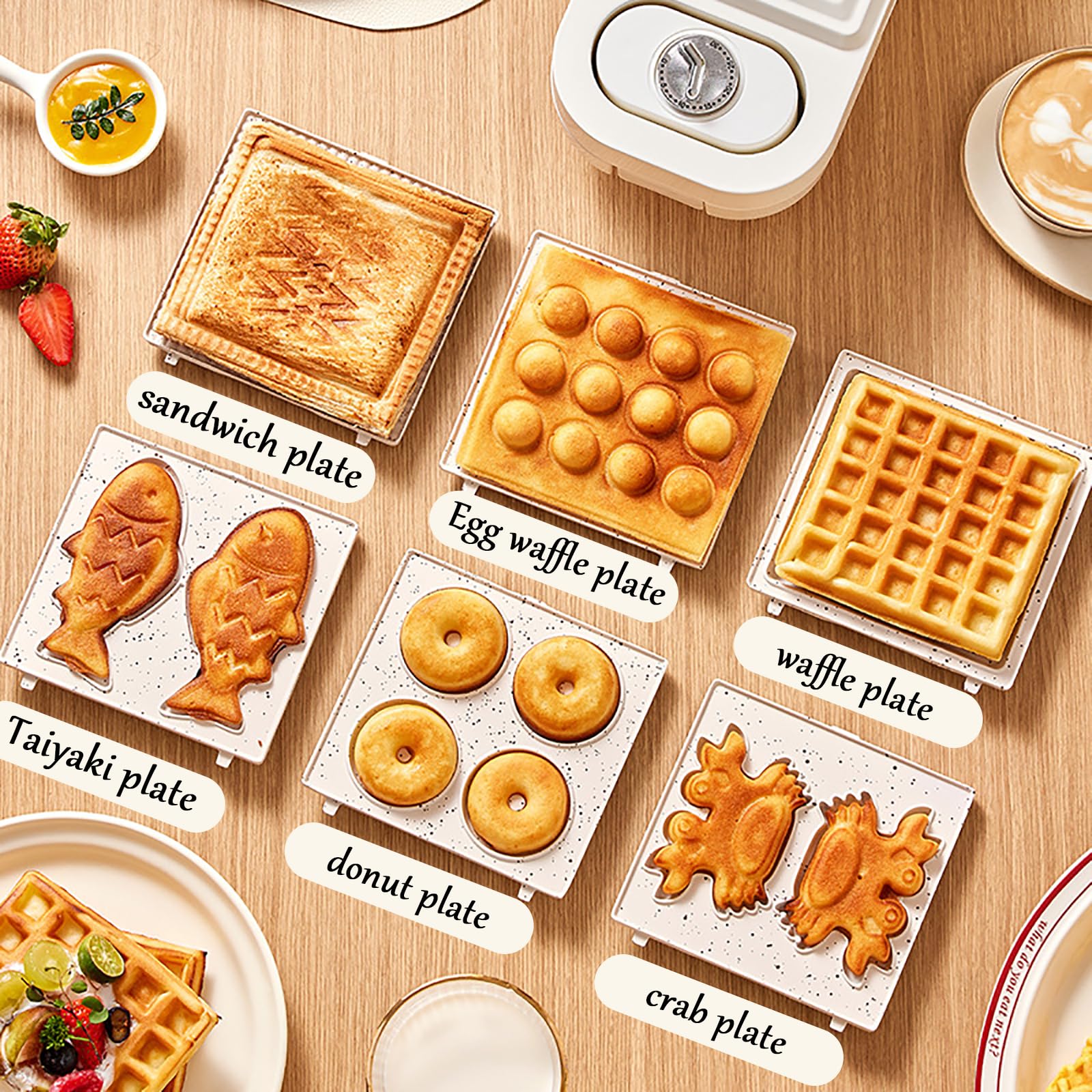 Przenośna gofrownica 5 w 1, opiekacz do kanapek śniadaniowych, pączki z jajek, pączek, elektryczny grill Taiyaki z powłoką nieprzywierającą, 5 wyjmowanych płyt, minutnik, dwuwarstwowe ogrzewanie do pr