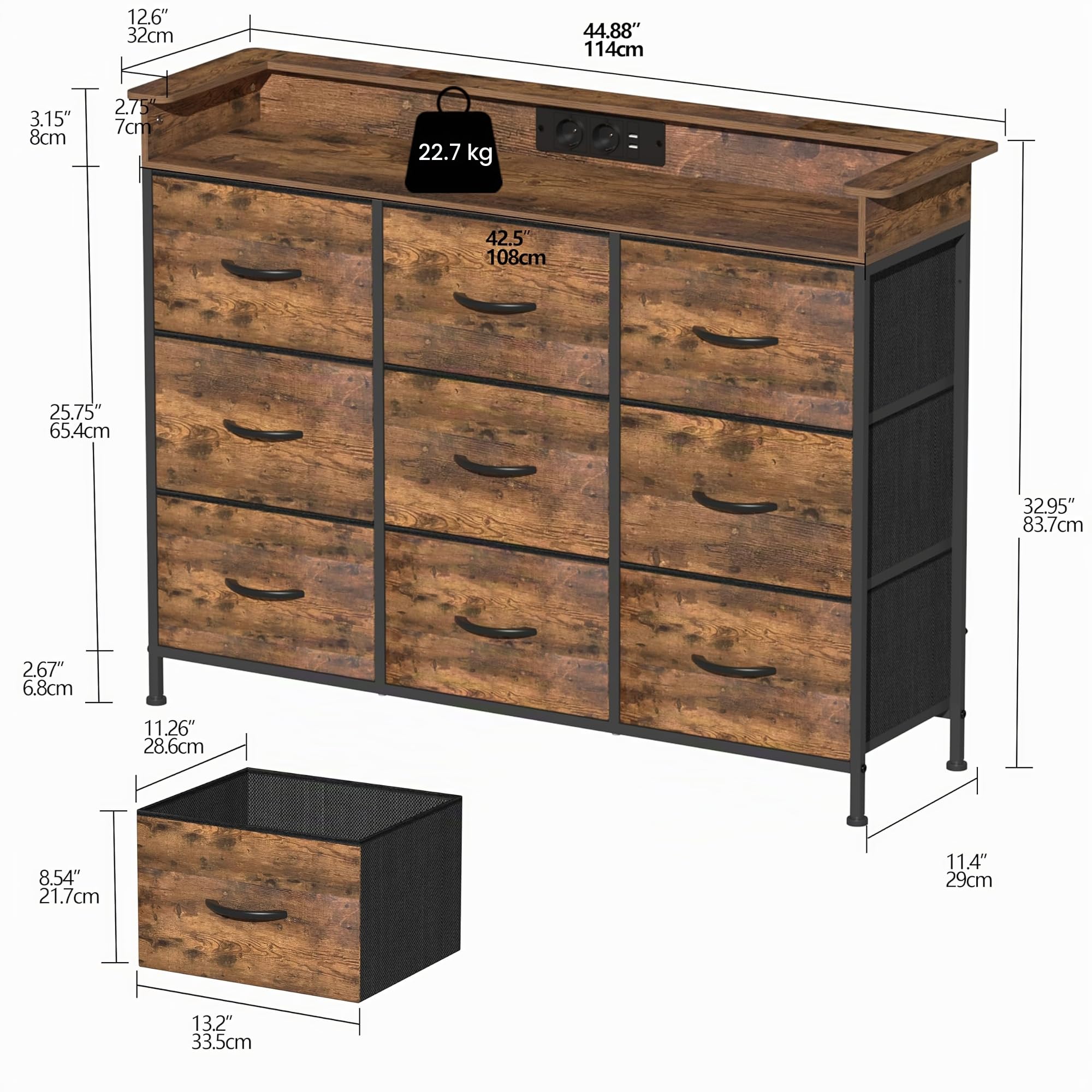 VEDECASA Kommode mit 9 Stoffschubladen und LED-Beleuchtung,2 USB-Ports & 2 AC-Steckdosen,Sideboard mit Holzplatte, Metallrahmen, 9 Schubladen kommode für Schlafzimmer, Wohnzimmer, Braun
