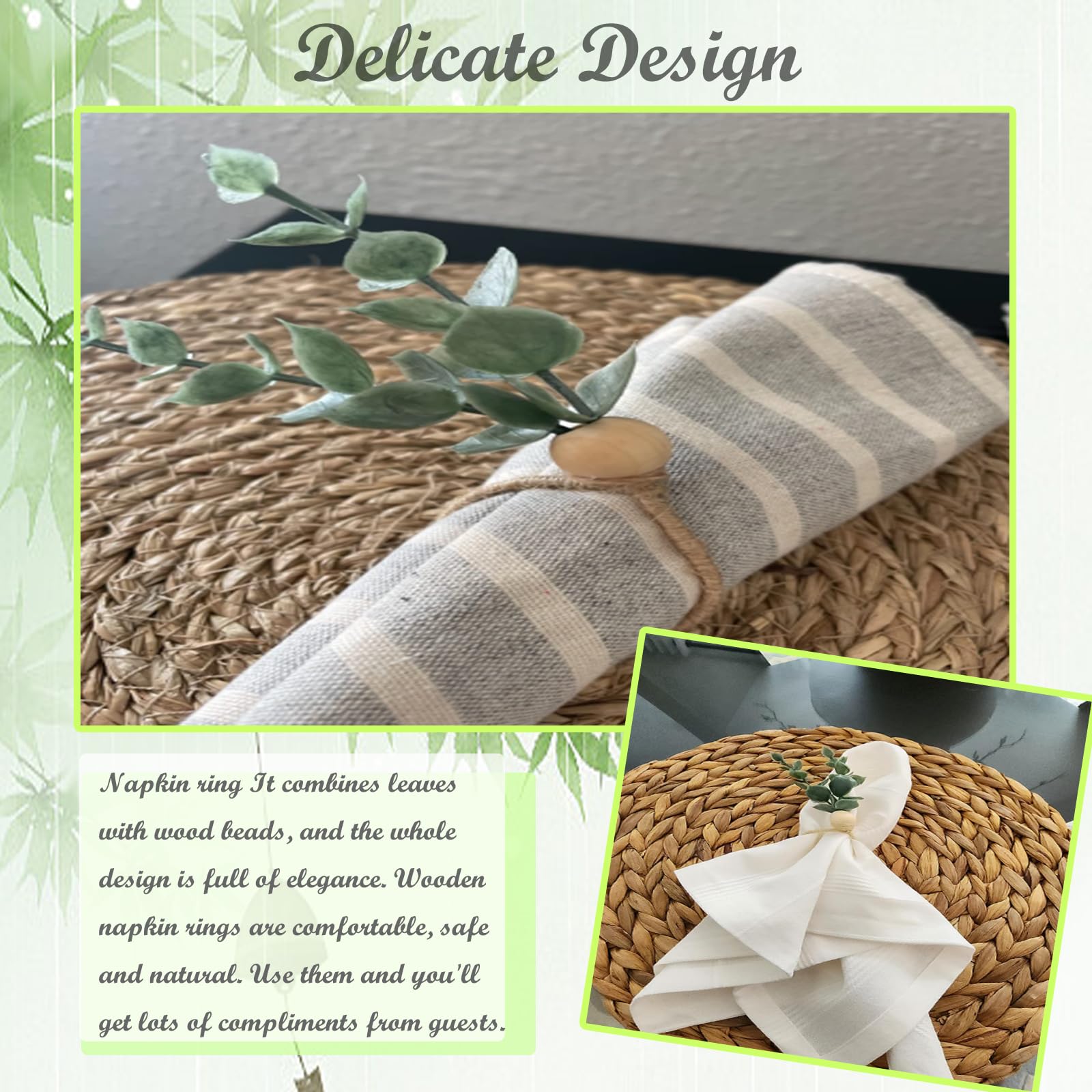 Eucalyptus Napkin Rings Set Of 6, Wood Bead Napkin Rings Farmhouse Leaf...