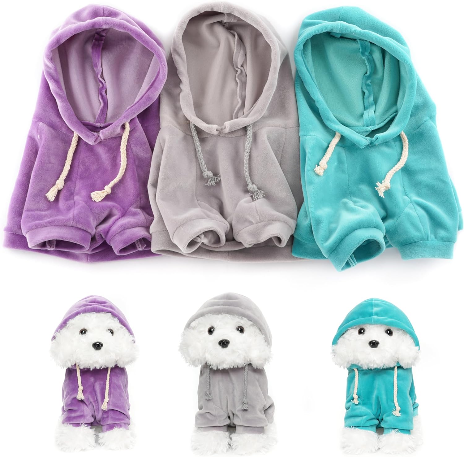 Plush Dog Hoodies, Set of 3 (Purple, Blue, Gray) - Stuffed Animal Puppy Clothing for WEIGEDU 12.6 inches Sitting Dogs